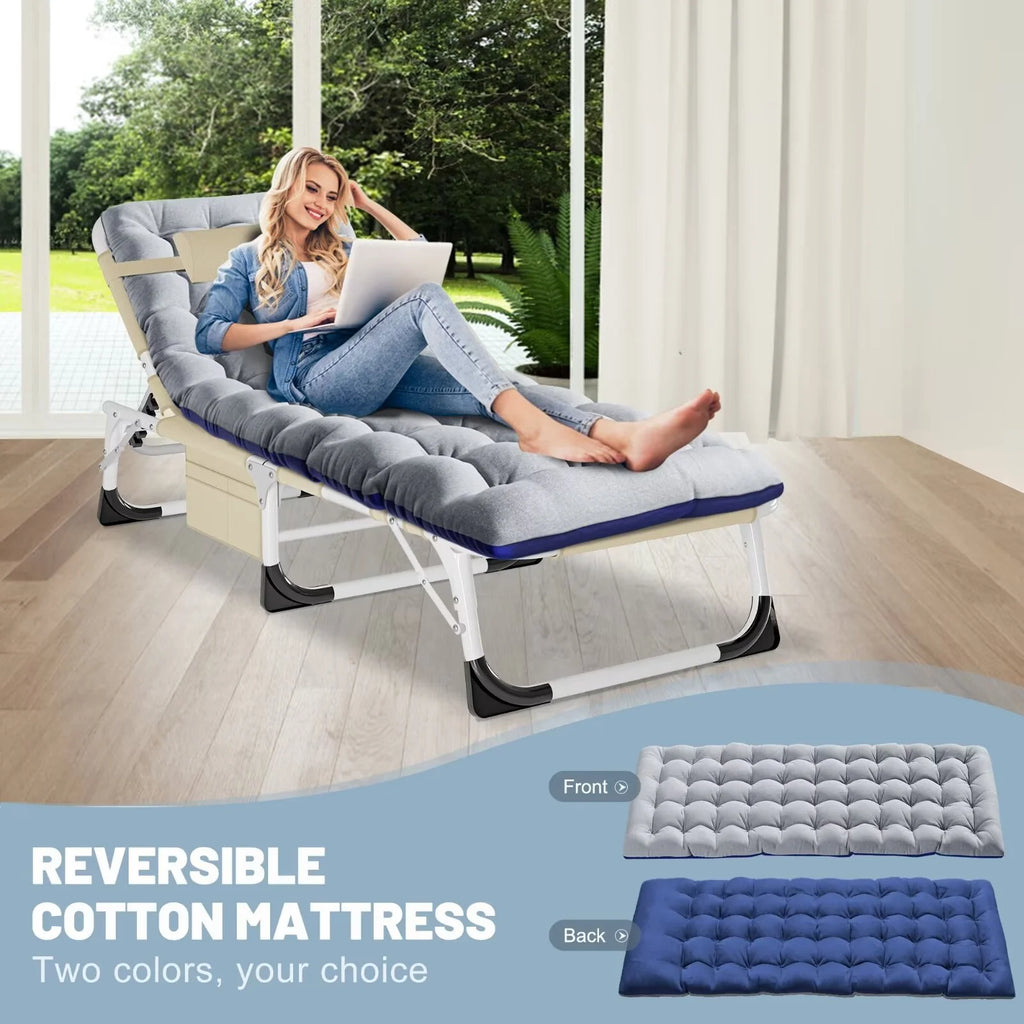 MOPHOTO Lounge Chair with Mattress, Outdoor Chaise Lounge Support 440 lb, Adjustable Portable Heavy Duty Sleeping Cots Bed for Camping, Pool, Beach, Patio
