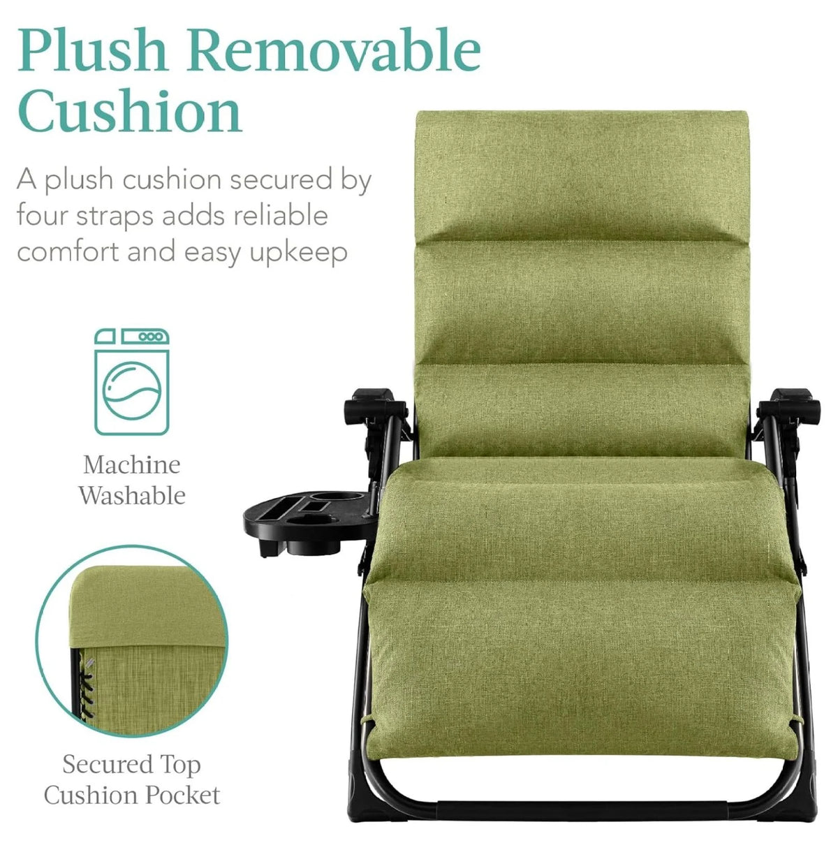 Oversized Chair, Folding Outdoor Patio Recliner, XL Anti Gravity Lounger W/Removable Cushion, Cup Holder, Side Tray, 350 lb Capacity - Taupe