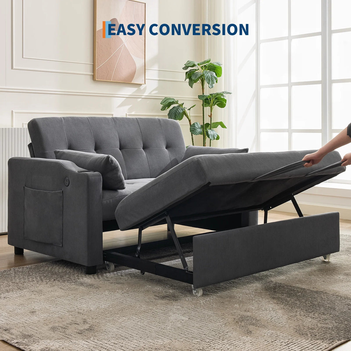 3 in 1 Convertible Sleeper Sofa Bed, Corduroy Futon Couches with Pull - Out Bed, Adjustable Backrest, Charging Port & Side Pockets, Modern Upholstered Sofa for Living Room, Guest Room