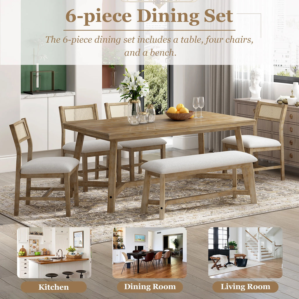 PORKISS 6 - Piece Dining Room Set, Farmhouse Dining Table Set with Bench and 4 Upholstered Chairs, Natural