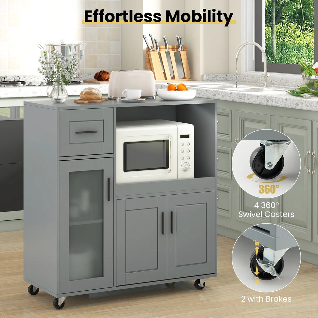 Topbuy Rolling Kitchen Island with Wheels Kitchen Cart?with Drawer and Glass Door Cabinet