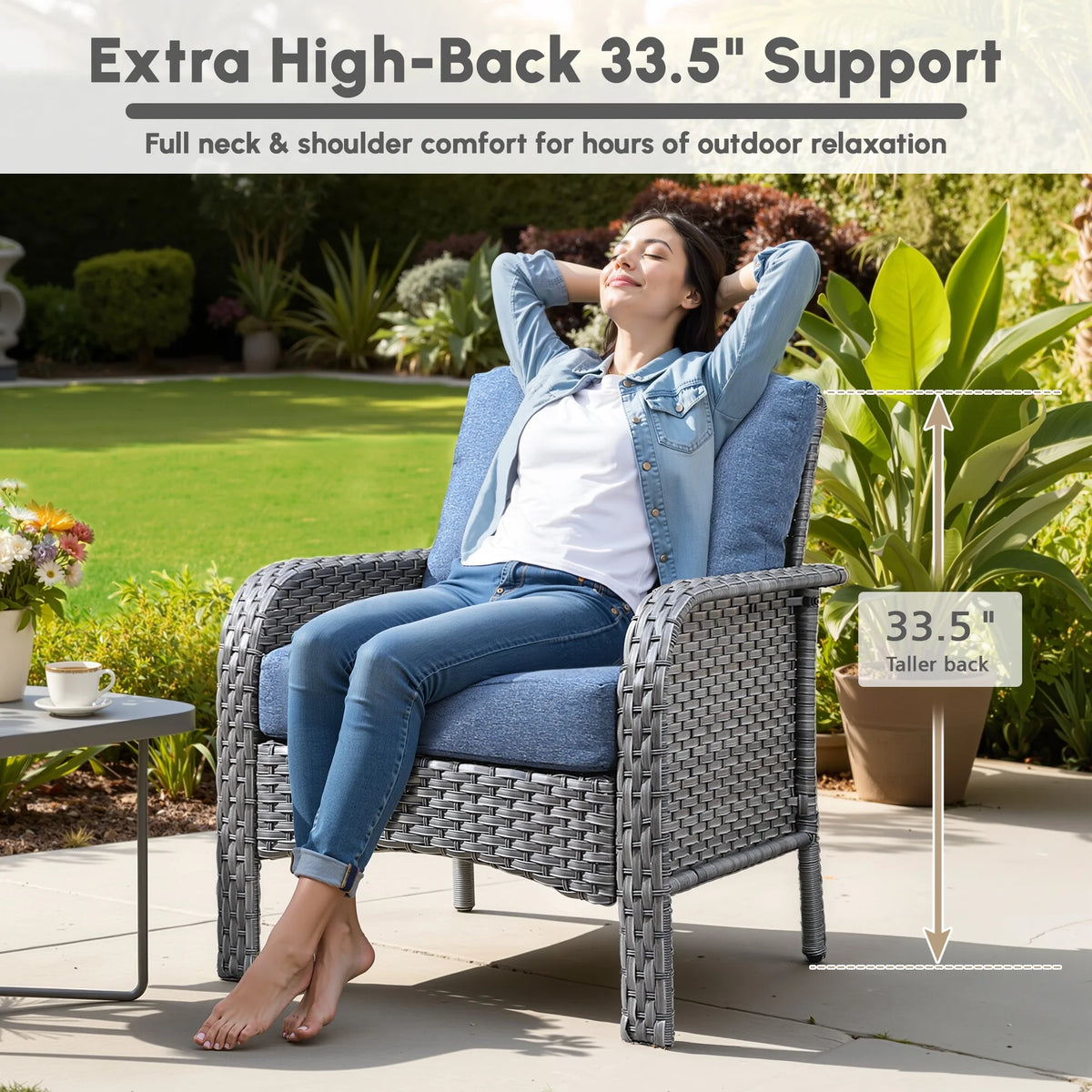 Ovios 4 Pieces Wicker Outdoor Patio Furniture with Coffee Table High Back All-Weather Rattan Outdoor Sectional Conversation Set for Backyard Porch Garden, Denim Blue