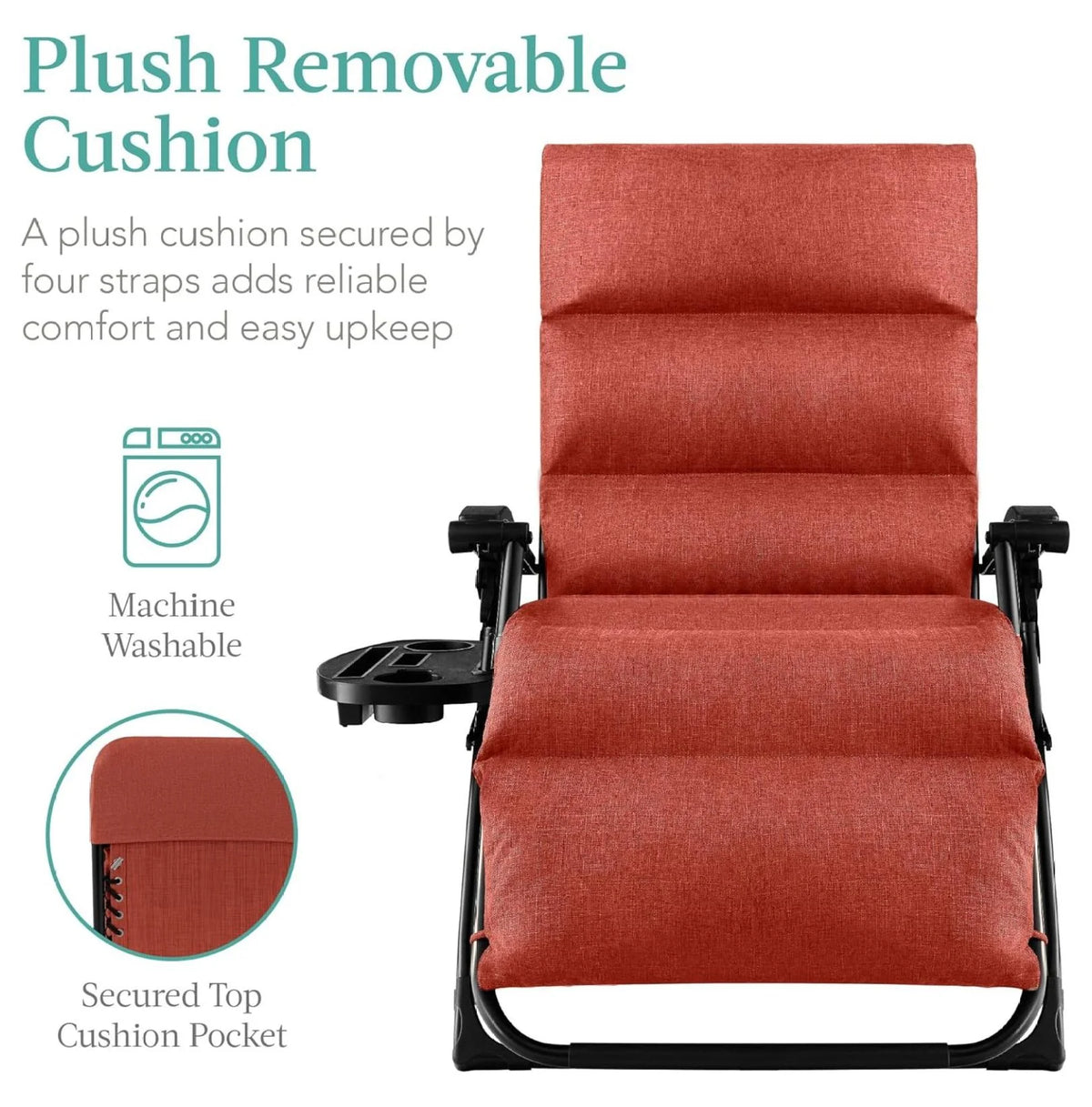 Oversized Chair, Folding Outdoor Patio Recliner, XL Anti Gravity Lounger W/Removable Cushion, Cup Holder, Side Tray, 350 lb Capacity - Taupe