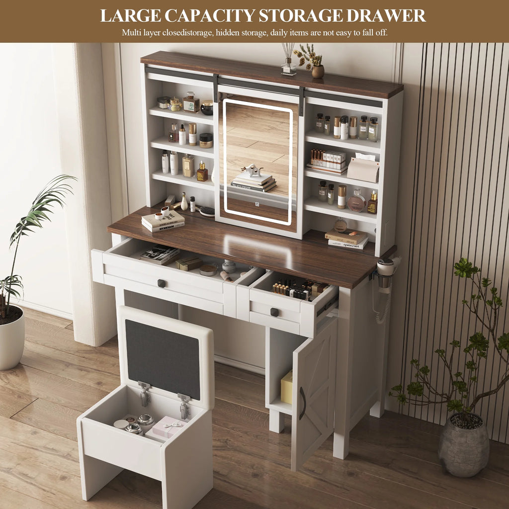 Montary Modern Mini Vanity W/Adjustable LED Mirror + Hidden Storage, Padded Stool & Dustproof Shelves (White)