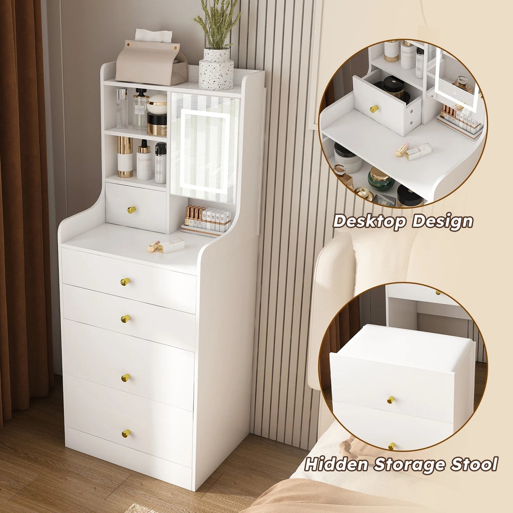 Montary Modern Mini Vanity W/Adjustable LED Mirror + Hidden Storage, Padded Stool & Dustproof Shelves (White)