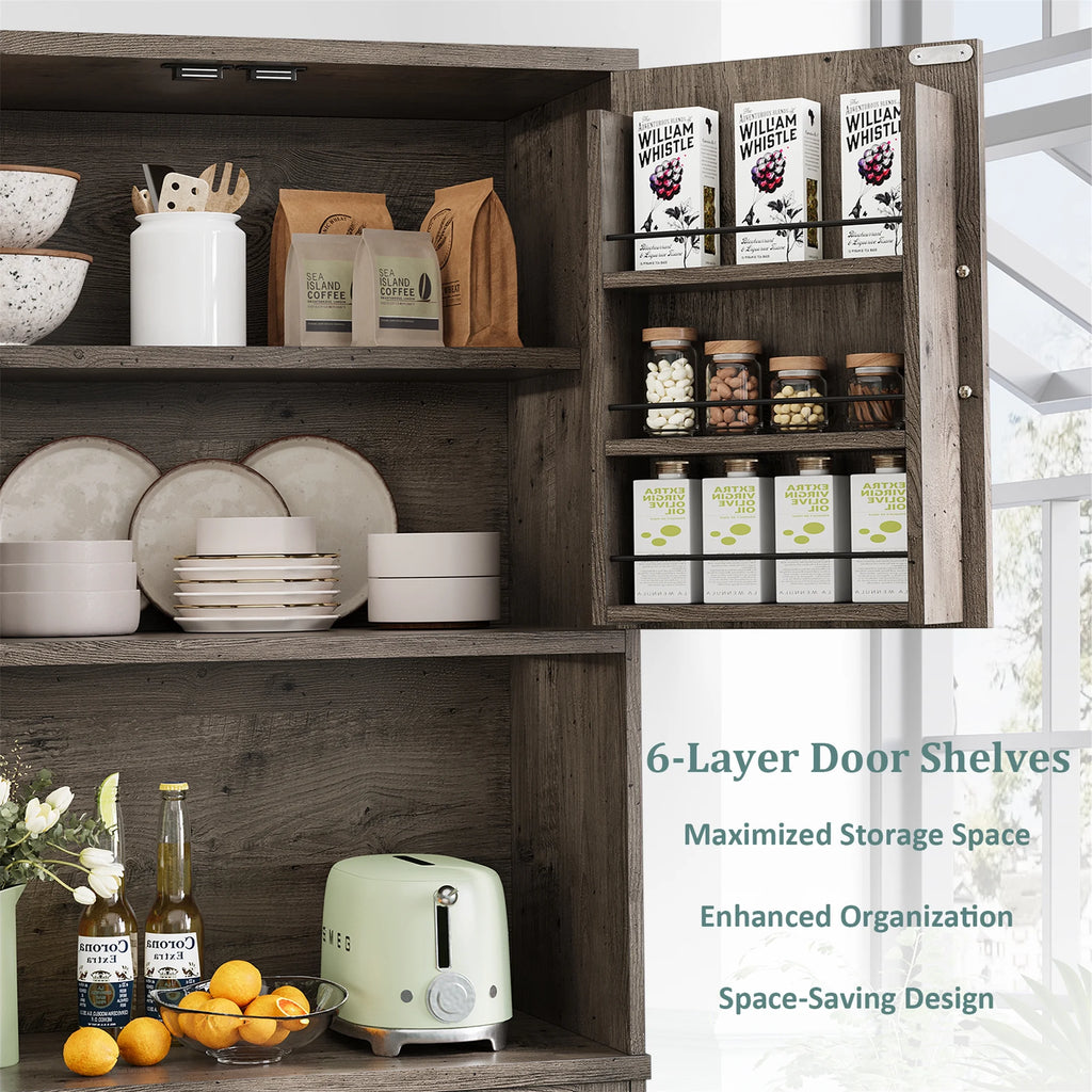 Planntonneo 71'' Tall Kitchen Pantry Storage Hutch Cabinet with Doors and Shelves, Grey Oak