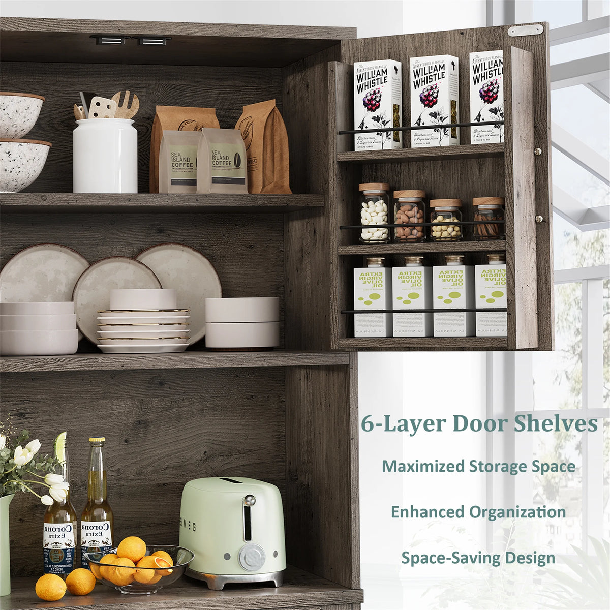 Planntonneo 71'' Tall Kitchen Pantry Storage Hutch Cabinet with Doors and Shelves, Grey Oak
