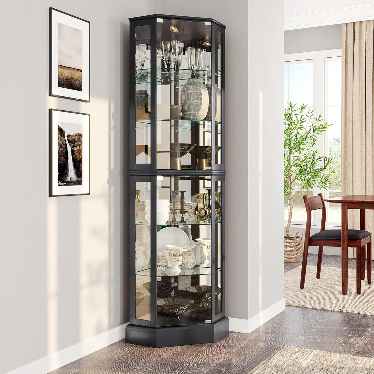 Lighted Corner Curio Cabinet with Glass Door and Shelves