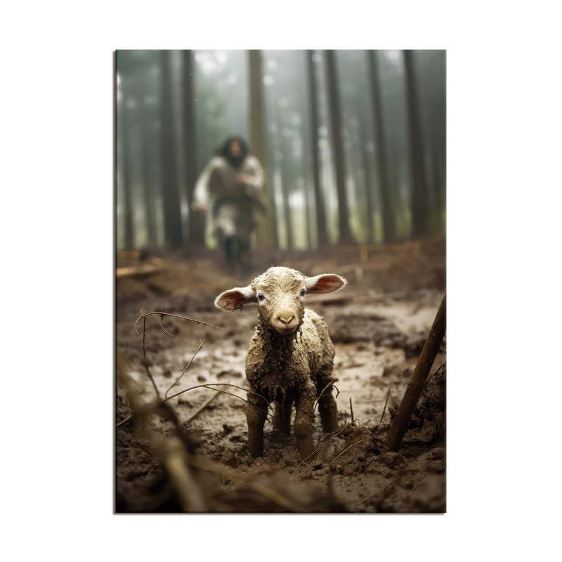 Onstthm Jesus Saving The Lost Lamb Canvas Wall Art Christian Wall Decor HD Print Wall Art for Living Room Bedroom Decoration,12x16.5inch Unframed