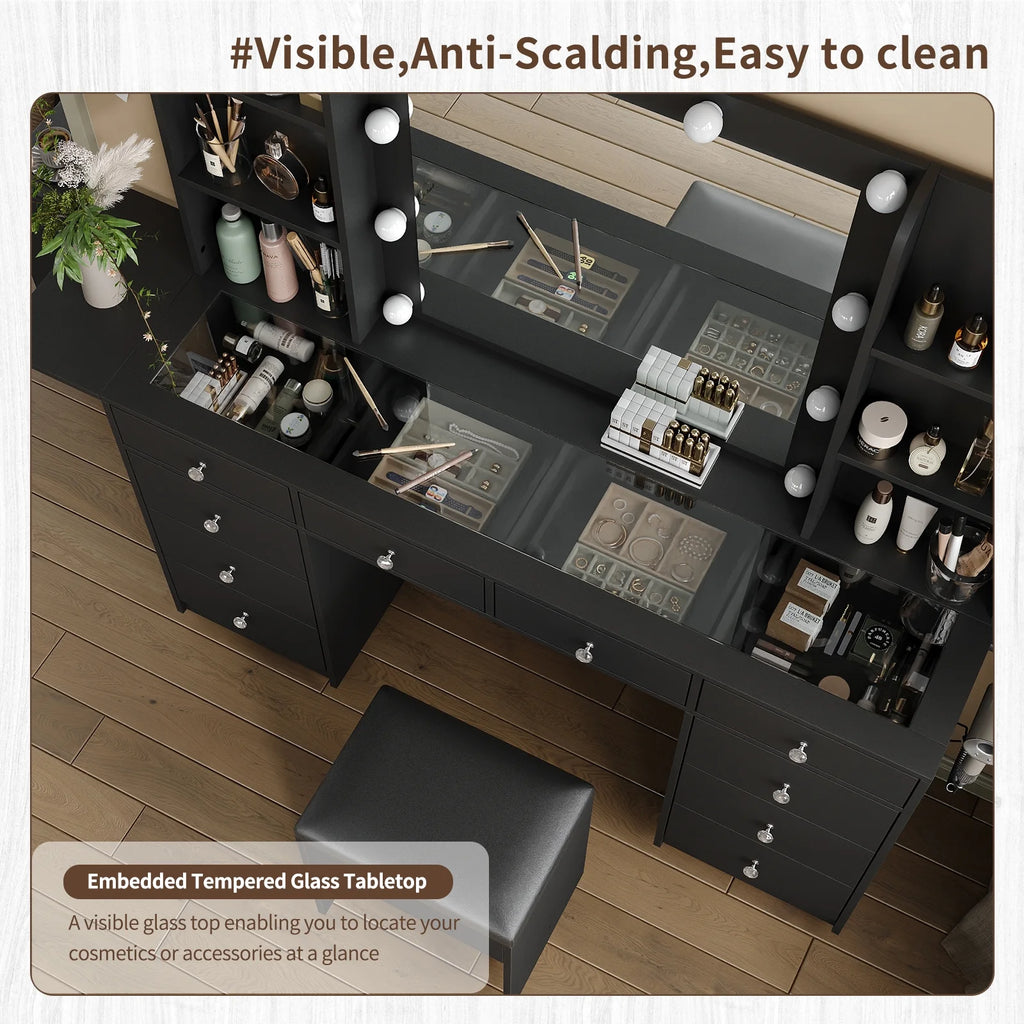 Yanosaku Vanity with Power Outlet, Vanity Desk with Mirror and 10 LED Lights, 10 Drawers Makeup Vanity with 6 Shelves, Fold - up Panel, Vanity Table with Chair for Bedroom