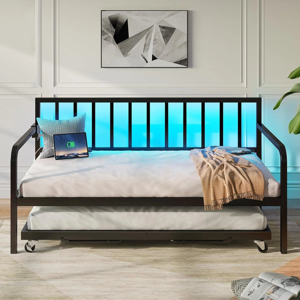 Twin Daybed with Trundle, Charging Station and LED Lights