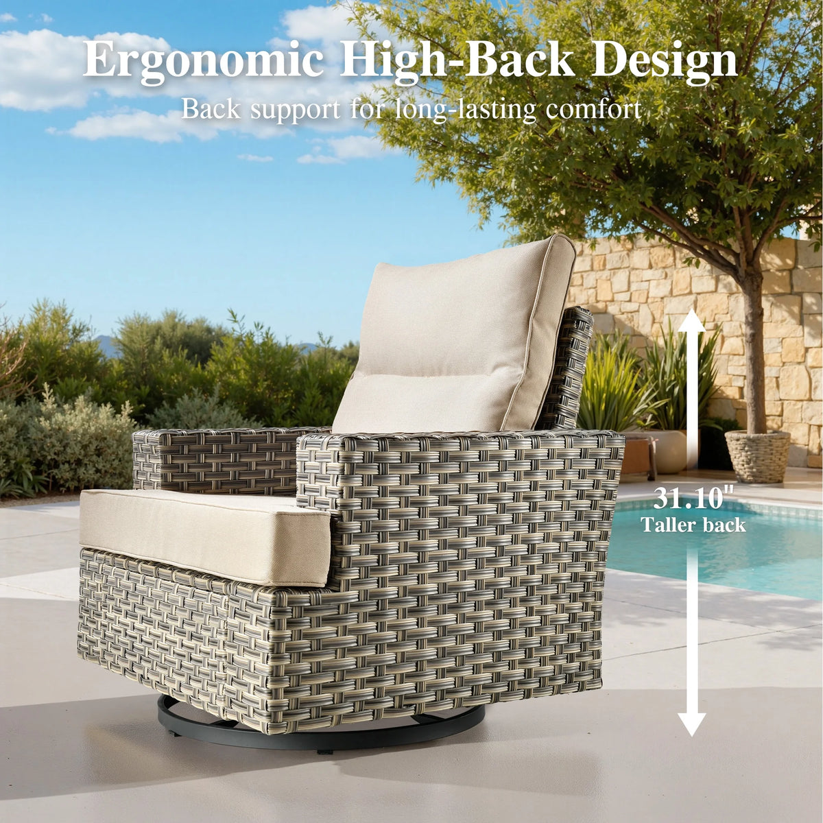 Ovios 10 Pieces Outdoor Patio Furniture Modern High - Back All - Weather Wicker Sectional Conversation Set with Propane Fire Pit Table & Swivel Chair, Dark Gray