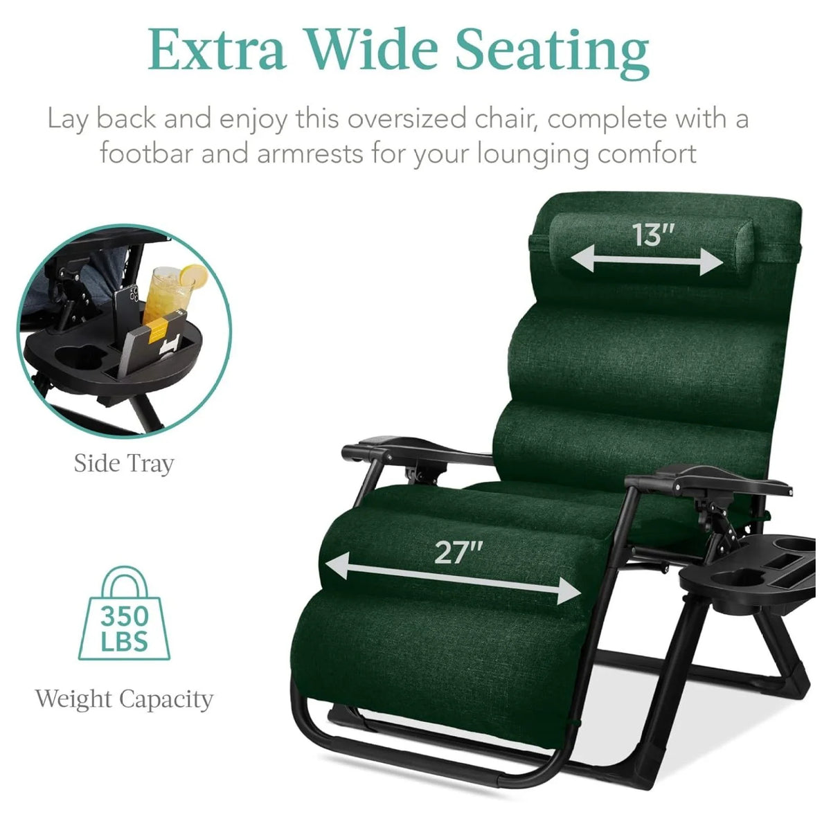Oversized Chair, Folding Outdoor Patio Recliner, XL Anti Gravity Lounger W/Removable Cushion, Cup Holder, Side Tray, 350 lb Capacity - Taupe