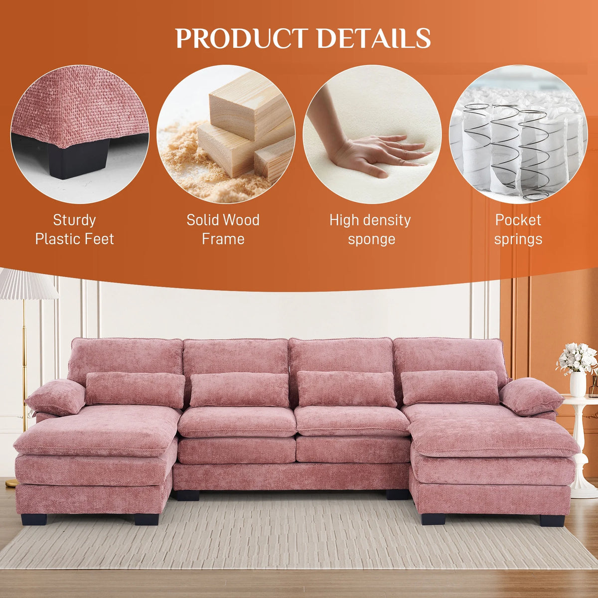 Rophefx 114.3" U Shaped Sectional Couches for Living Room, Cloud Couch, 4 Seats Chenille Couch with Double Layer Cushion, Orange