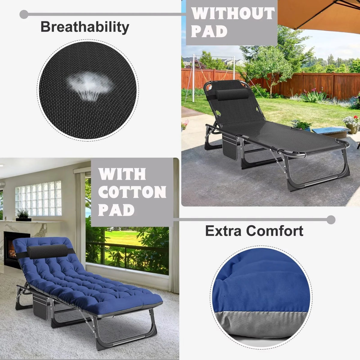 MOPHOTO Lounge Chair with Mattress, Outdoor Chaise Lounge Support 440 lb, Adjustable Portable Heavy Duty Sleeping Cots Bed for Camping, Pool, Beach, Patio