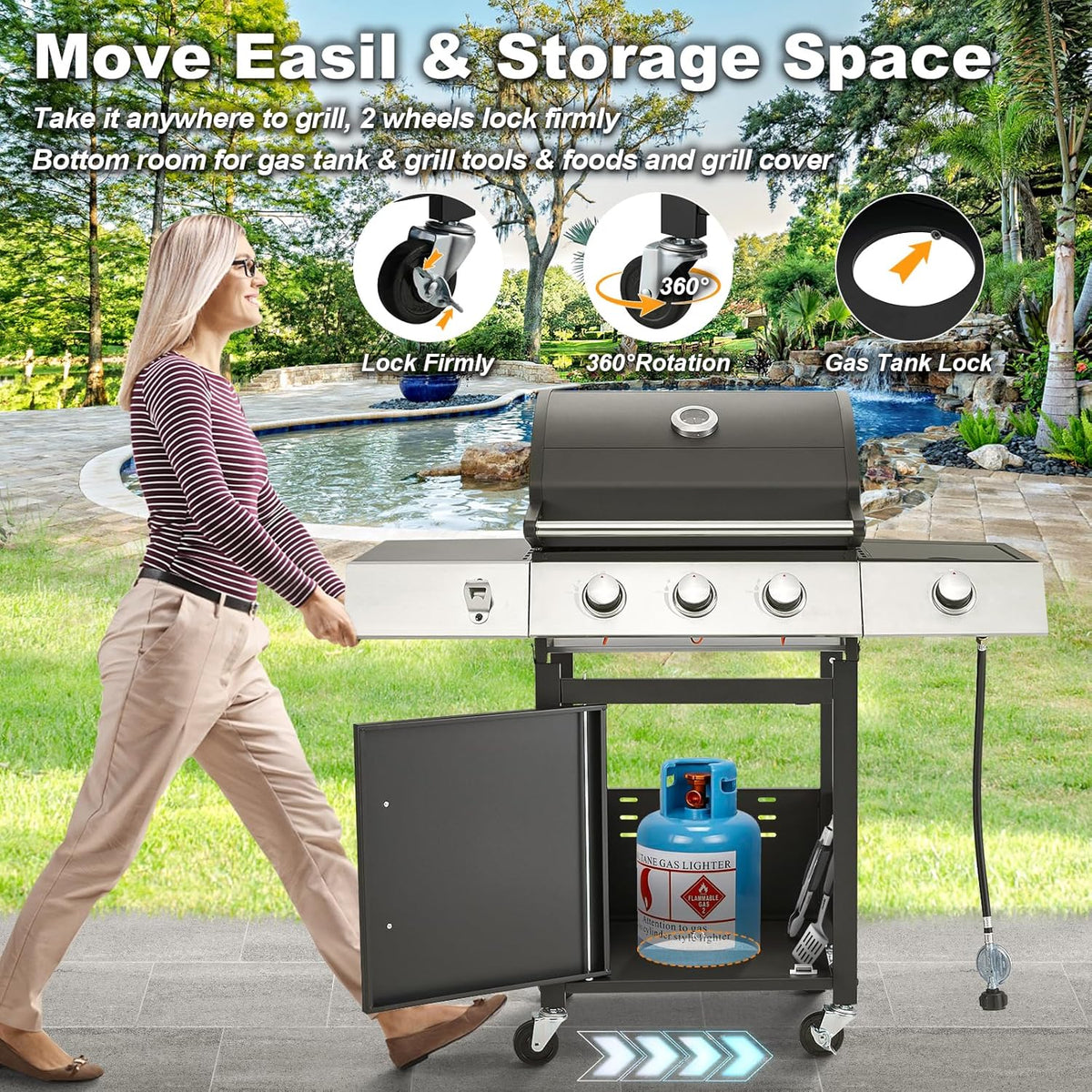 Upgraded 4 Burner Bbq Propane Gas Grill with Cast Iron Grates & Side Stove, 44,000 btu Stainless Steel Burner Barbecue Grill for Patio,…