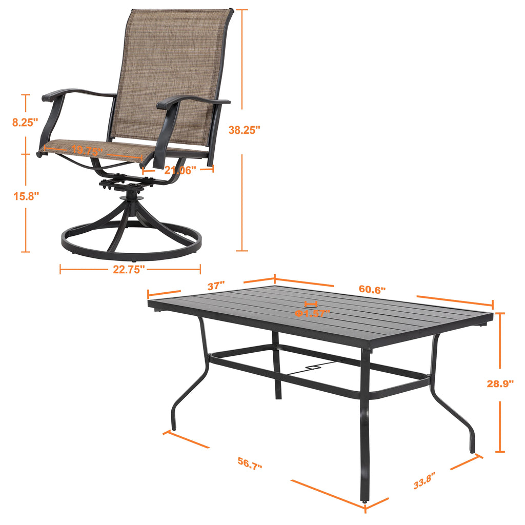 Nuu Garden 5 Piece Outdoor Patio Dining Set, Metal Patio Furniture Set 4 Textilene Swivel Chairs and 37" Square Iron Umbrella Dining Table, Black and Brown