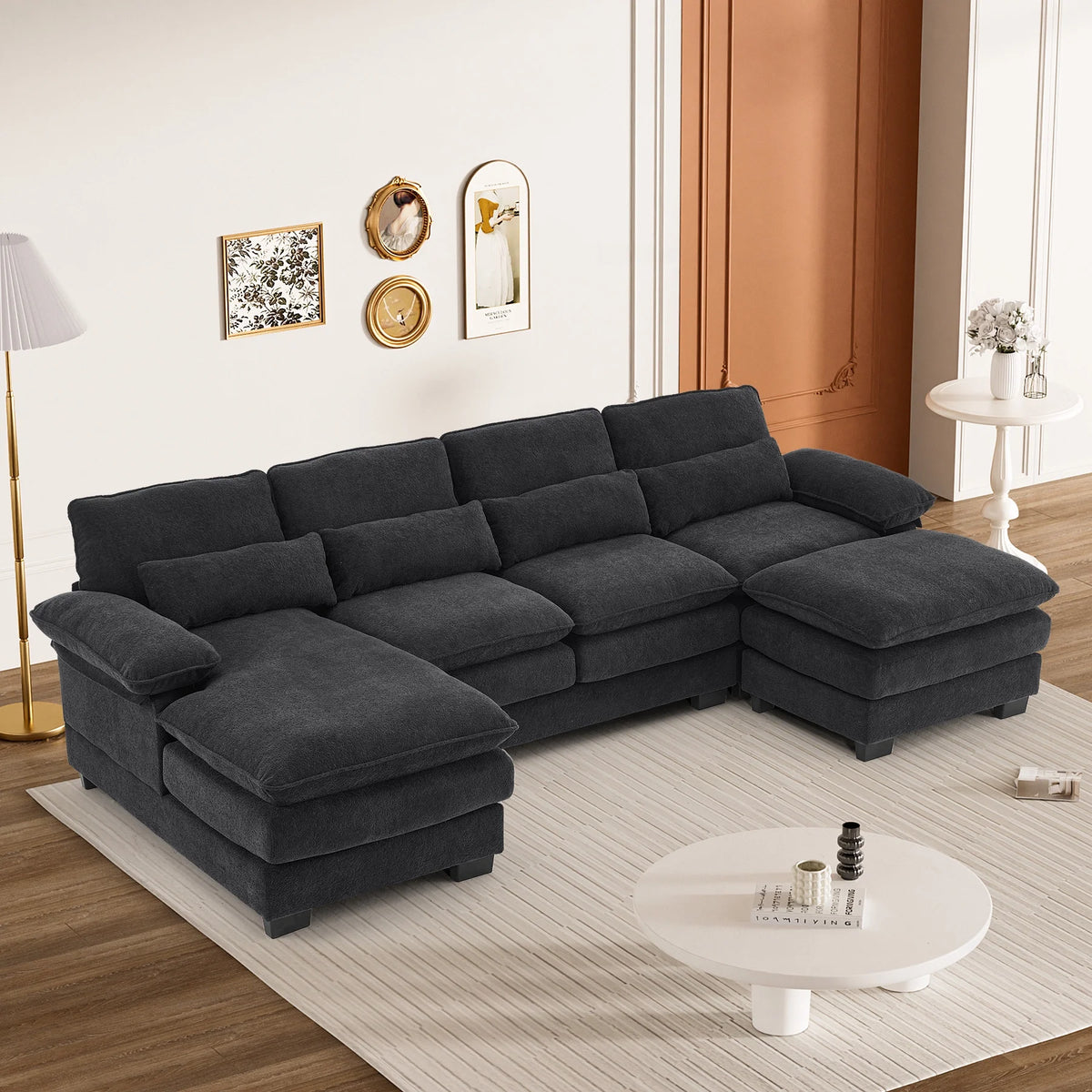 Rophefx 114.3" U Shaped Sectional Couches for Living Room, Cloud Couch, 4 Seats Chenille Couch with Double Layer Cushion, Orange
