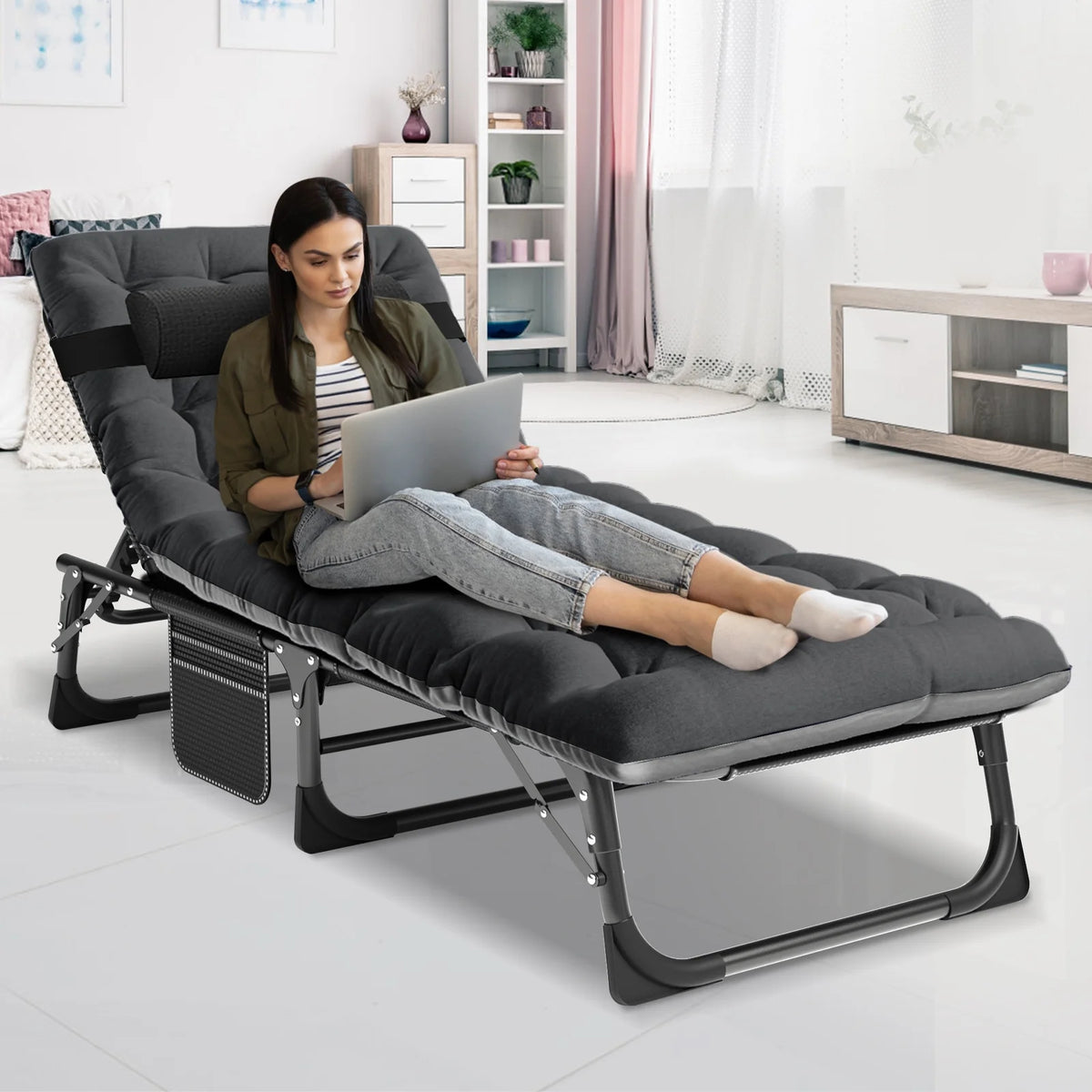 MOPHOTO Lounge Chair with Mattress, Outdoor Chaise Lounge Support 440 lb, Adjustable Portable Heavy Duty Sleeping Cots Bed for Camping, Pool, Beach, Patio