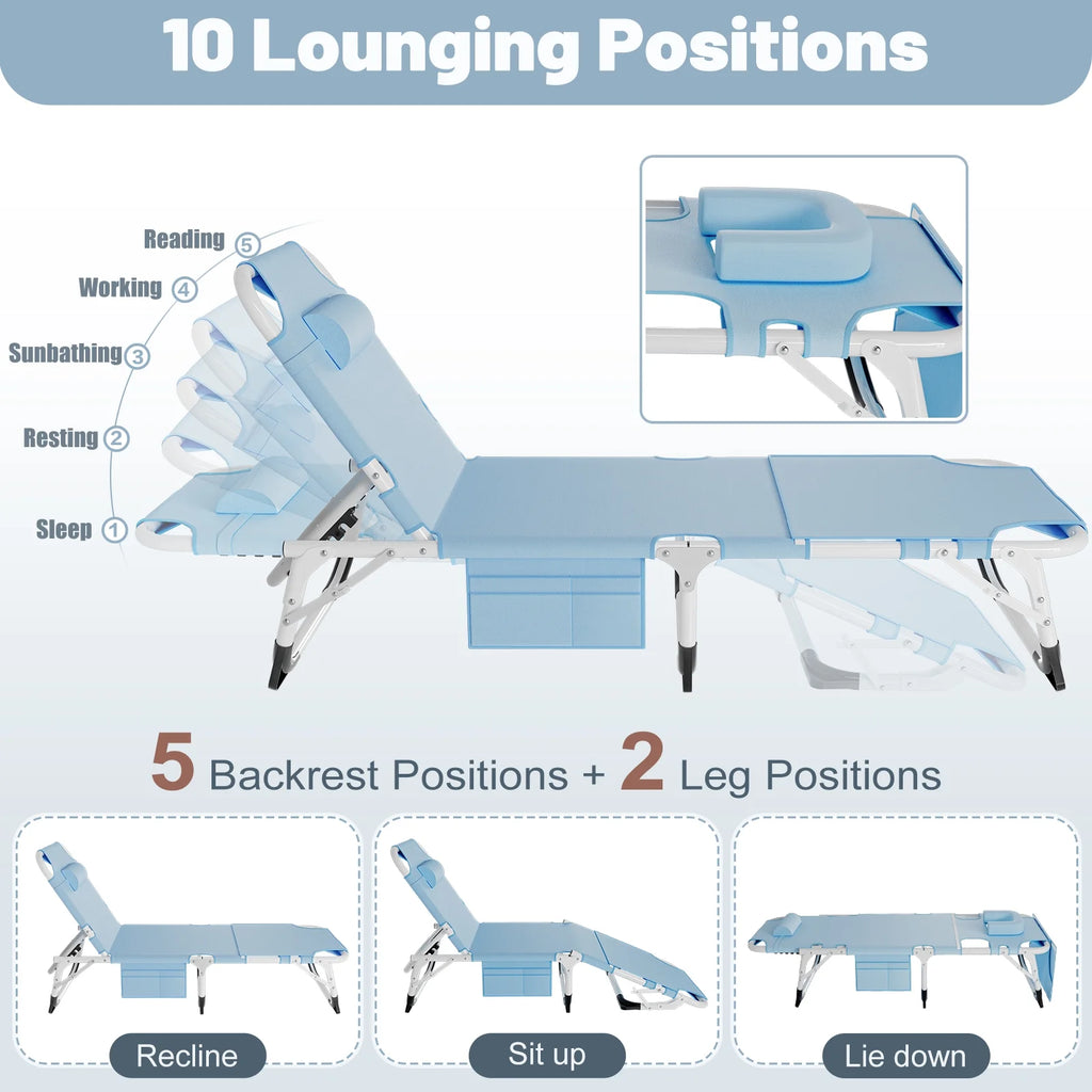 MOPHOTO Lounge Chair with Mattress, Outdoor Chaise Lounge Support 440 lb, Adjustable Portable Heavy Duty Sleeping Cots Bed for Camping, Pool, Beach, Patio