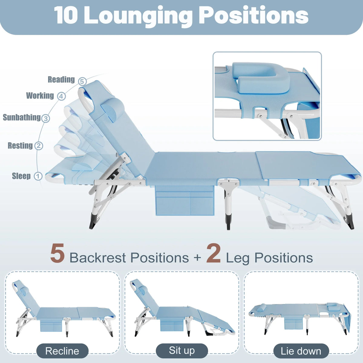 MOPHOTO Lounge Chair with Mattress, Outdoor Chaise Lounge Support 440 lb, Adjustable Portable Heavy Duty Sleeping Cots Bed for Camping, Pool, Beach, Patio