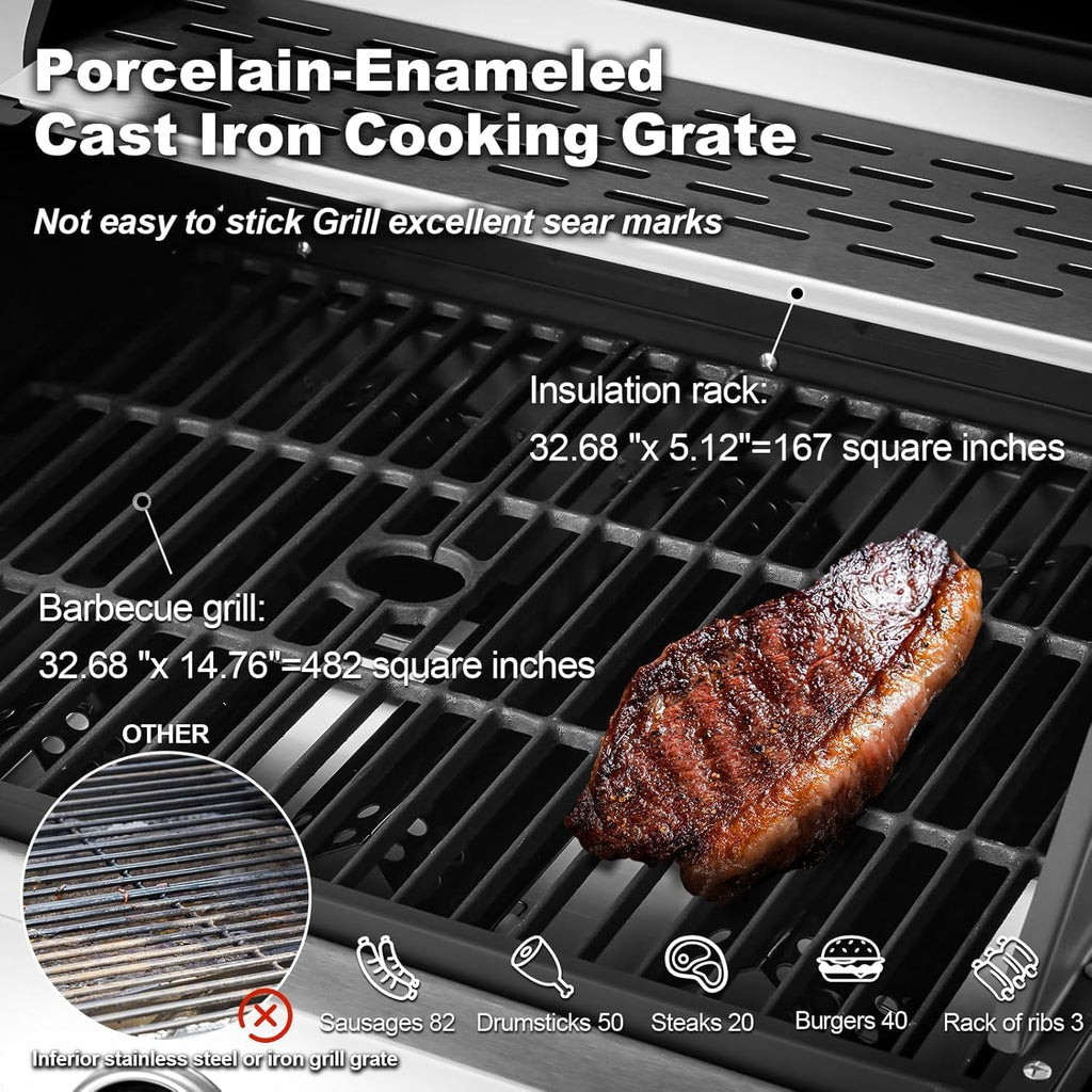 Upgraded 4 Burner Bbq Propane Gas Grill with Cast Iron Grates & Side Stove, 44,000 btu Stainless Steel Burner Barbecue Grill for Patio,…