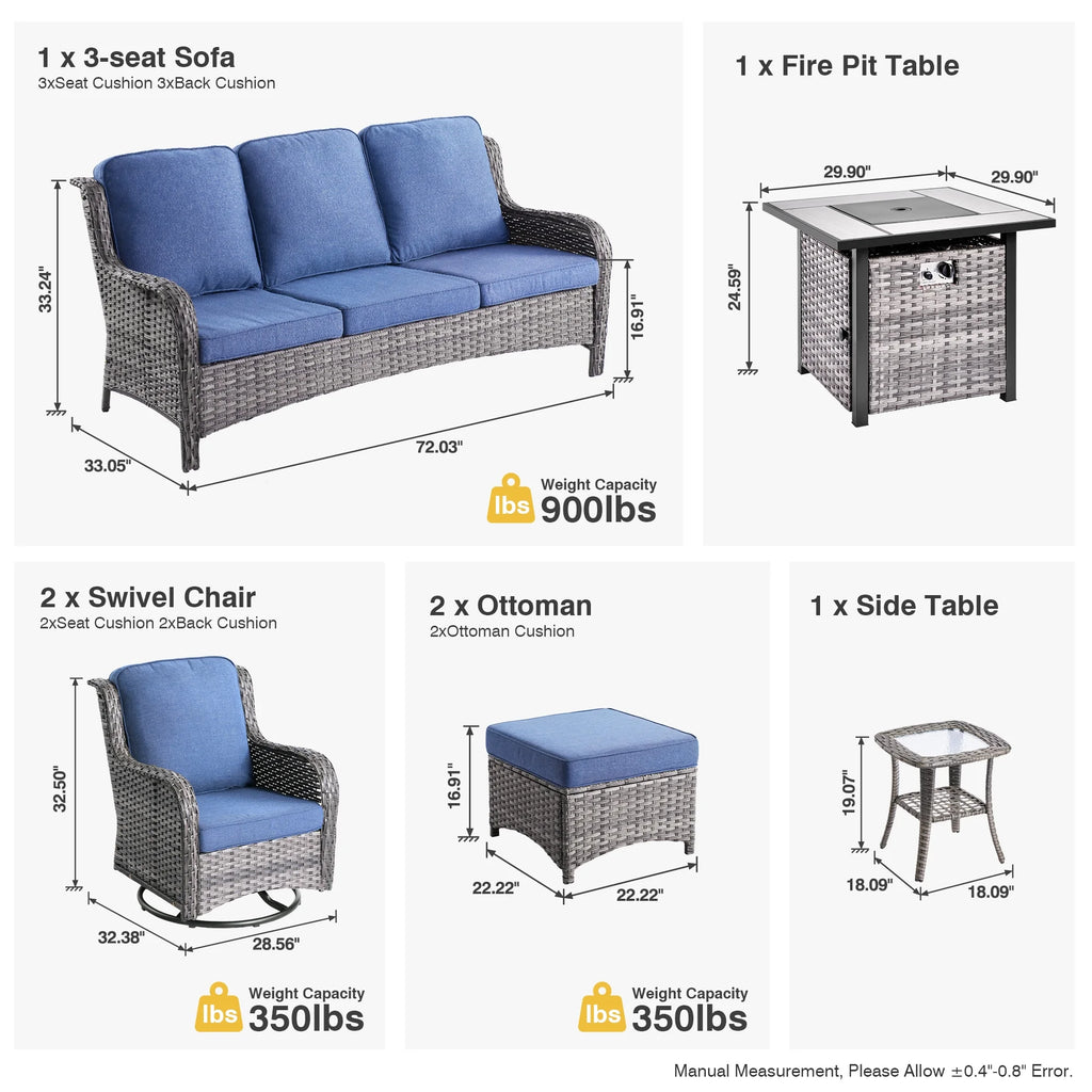 Ovios 7 Piece Wicker Outdoor Patio Dining Set with Fire Pit Table, Grey