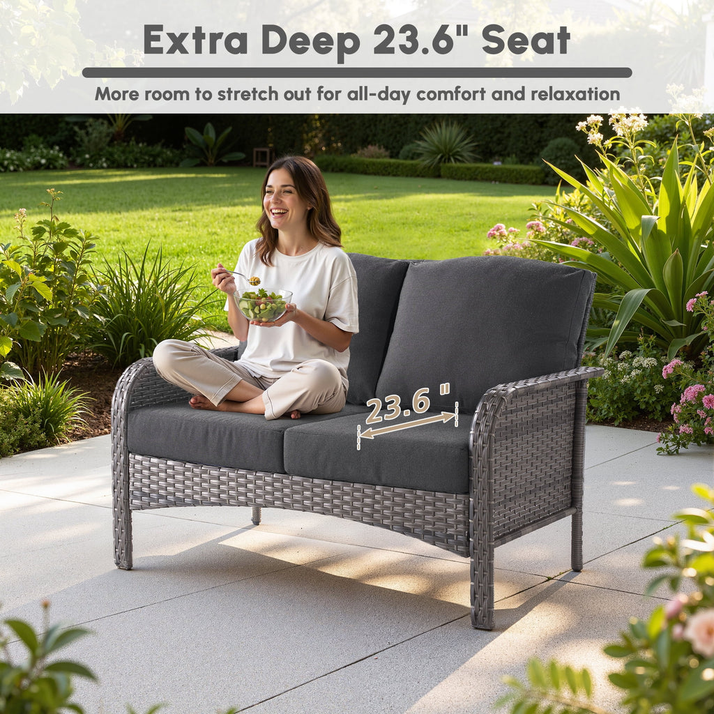 Ovios 4 Pieces Wicker Outdoor Patio Furniture with Coffee Table High Back All-Weather Rattan Outdoor Sectional Conversation Set for Backyard Porch Garden, Denim Blue