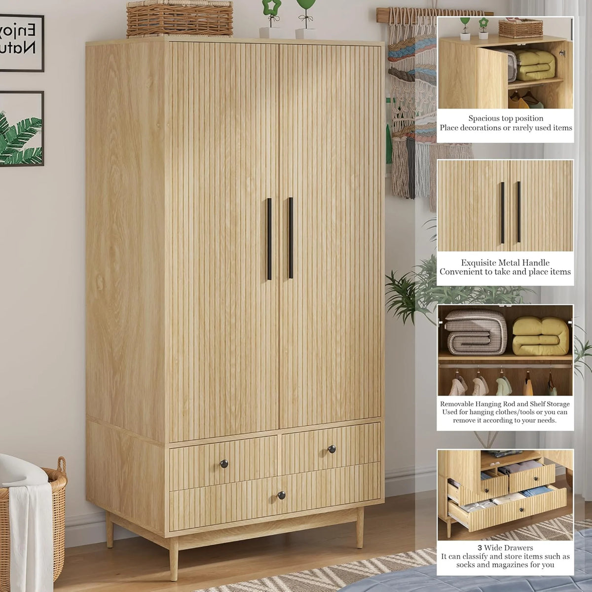 Oubayajia Wardrobe Armoire Closet, 2 Fluted Doors Wardrobe Cabinet with 3 - Drawer and Hanging Rod, Wood Wardrobe Storage for Bedroom