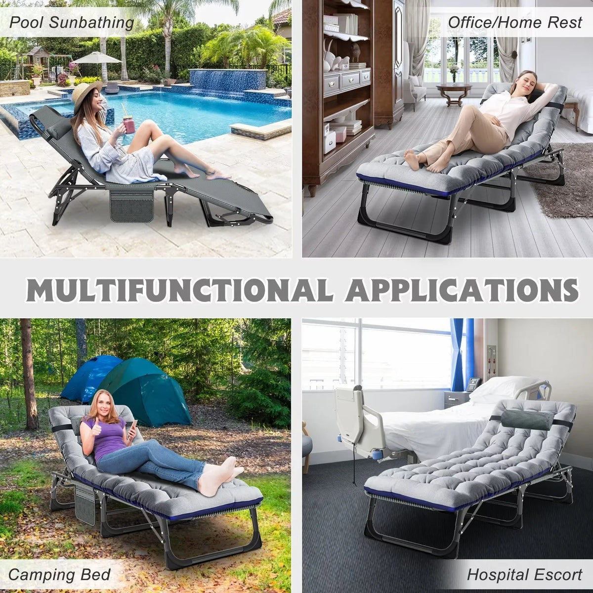 MOPHOTO Lounge Chair with Mattress, Outdoor Chaise Lounge Support 440 lb, Adjustable Portable Heavy Duty Sleeping Cots Bed for Camping, Pool, Beach, Patio