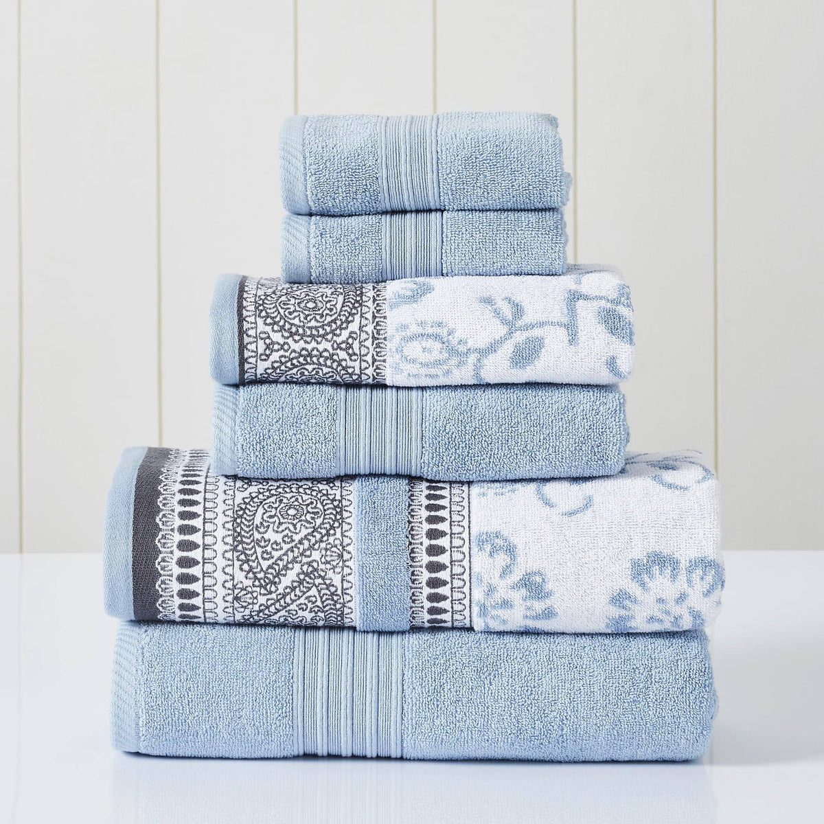 Modern Threads 6 Piece Yarn Dyed Jacquard/Solid Towel Set, Ophelia, Blue