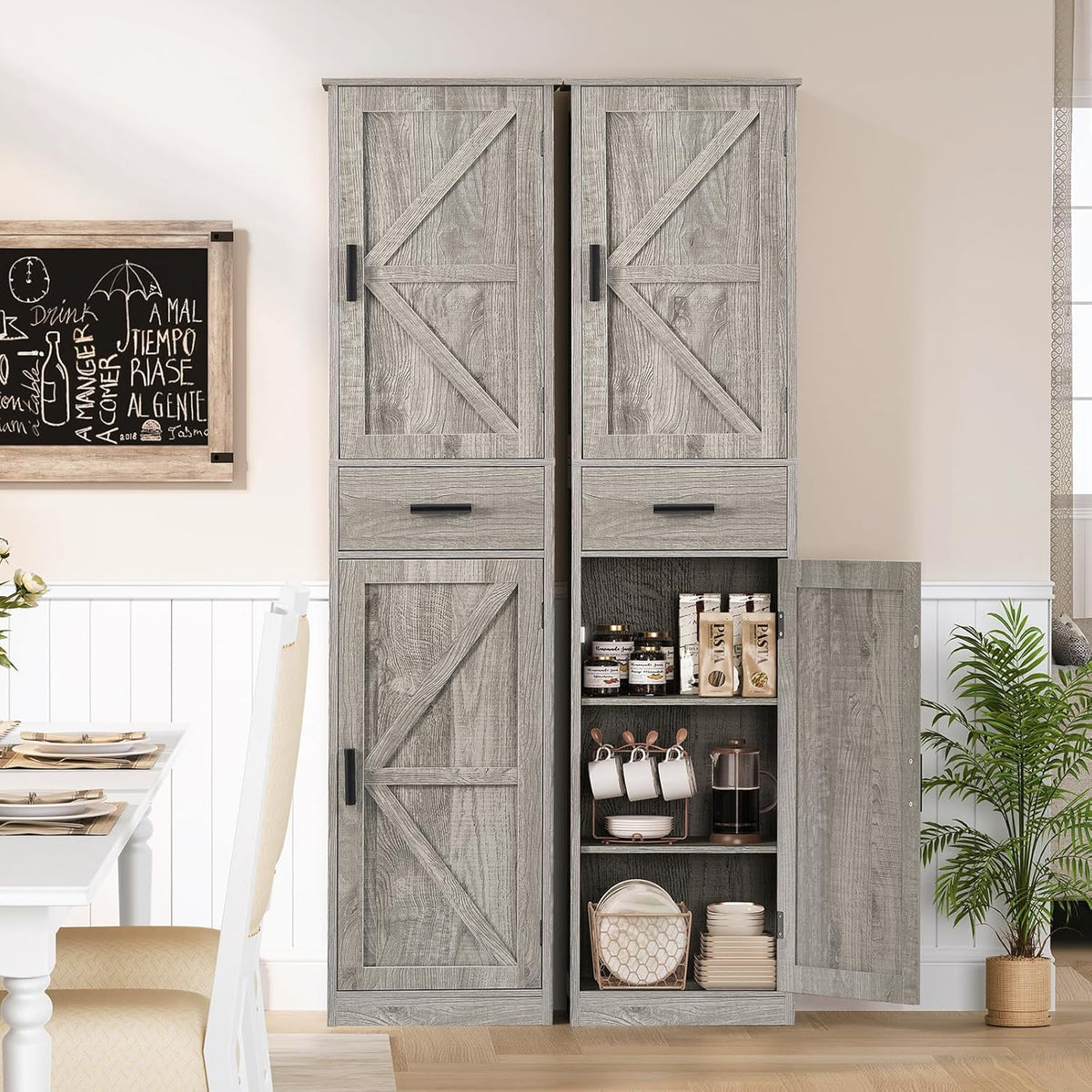 Two Sideboard Cabinets with Four Doors, White