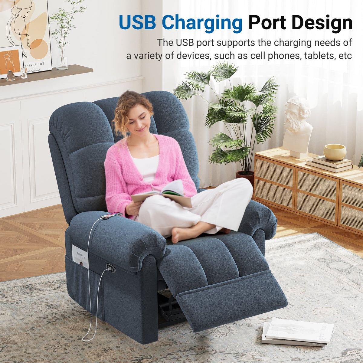 Power Recliner Chair, Electric Recline Sofa Chair for Adults with USB Port, Comfy Teddy Fleece Adjustable Cloud Sofa, Tool - Free Setup, Beige White