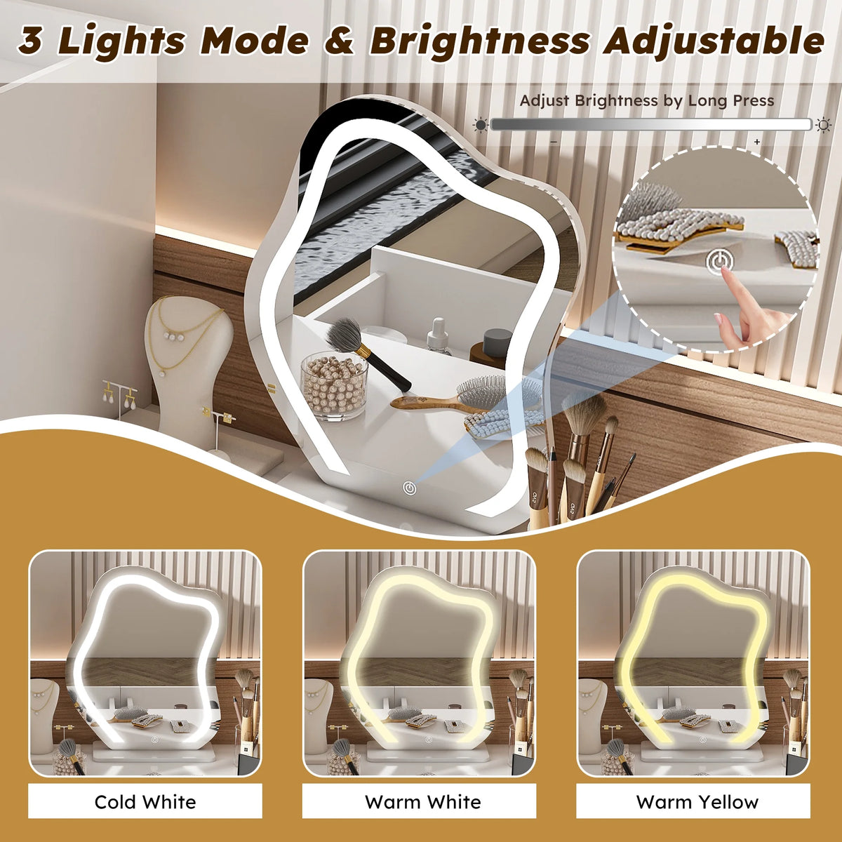 Montary Modern Mini Vanity W/Adjustable LED Mirror + Hidden Storage, Padded Stool & Dustproof Shelves (White)