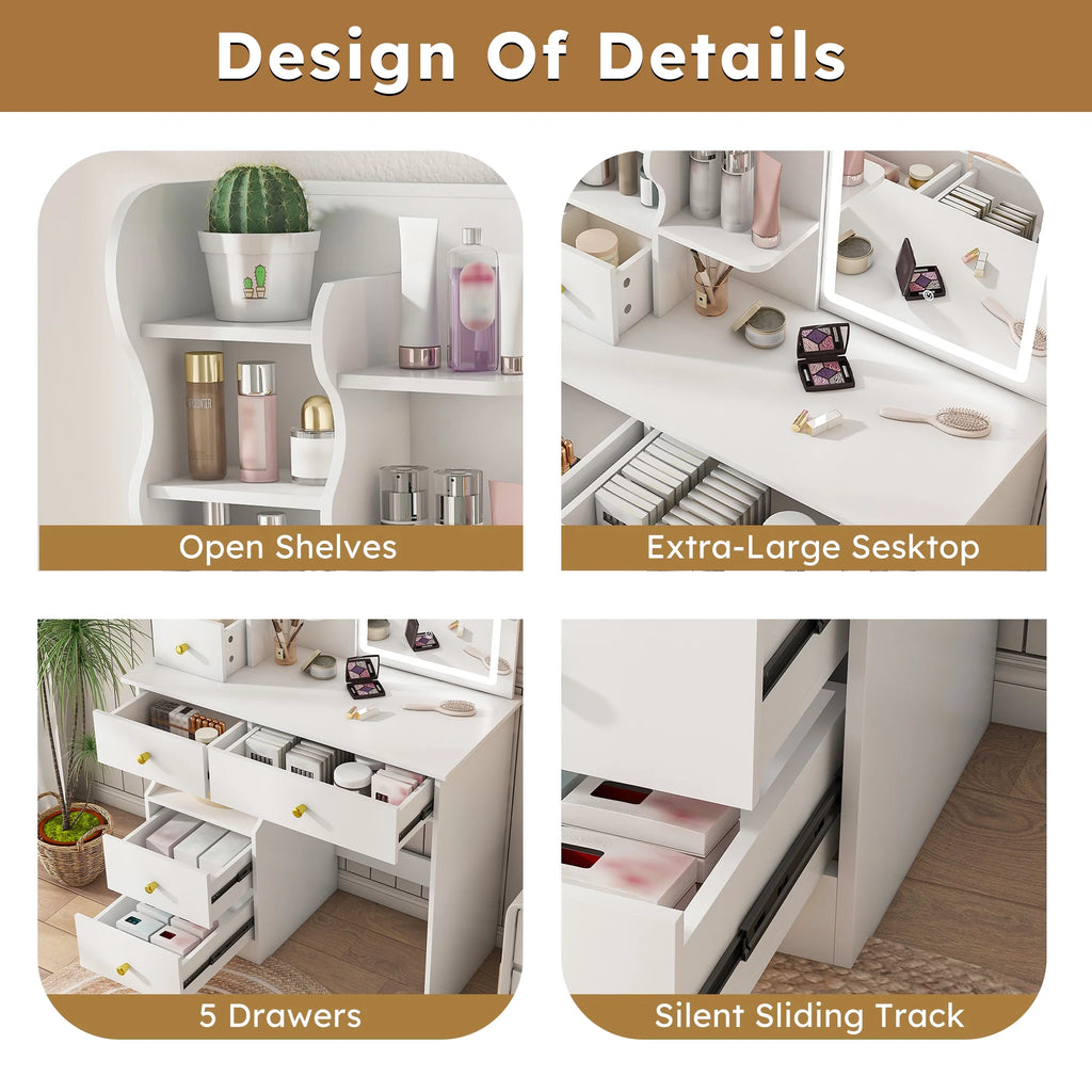 Montary Modern Mini Vanity W/Adjustable LED Mirror + Hidden Storage, Padded Stool & Dustproof Shelves (White)