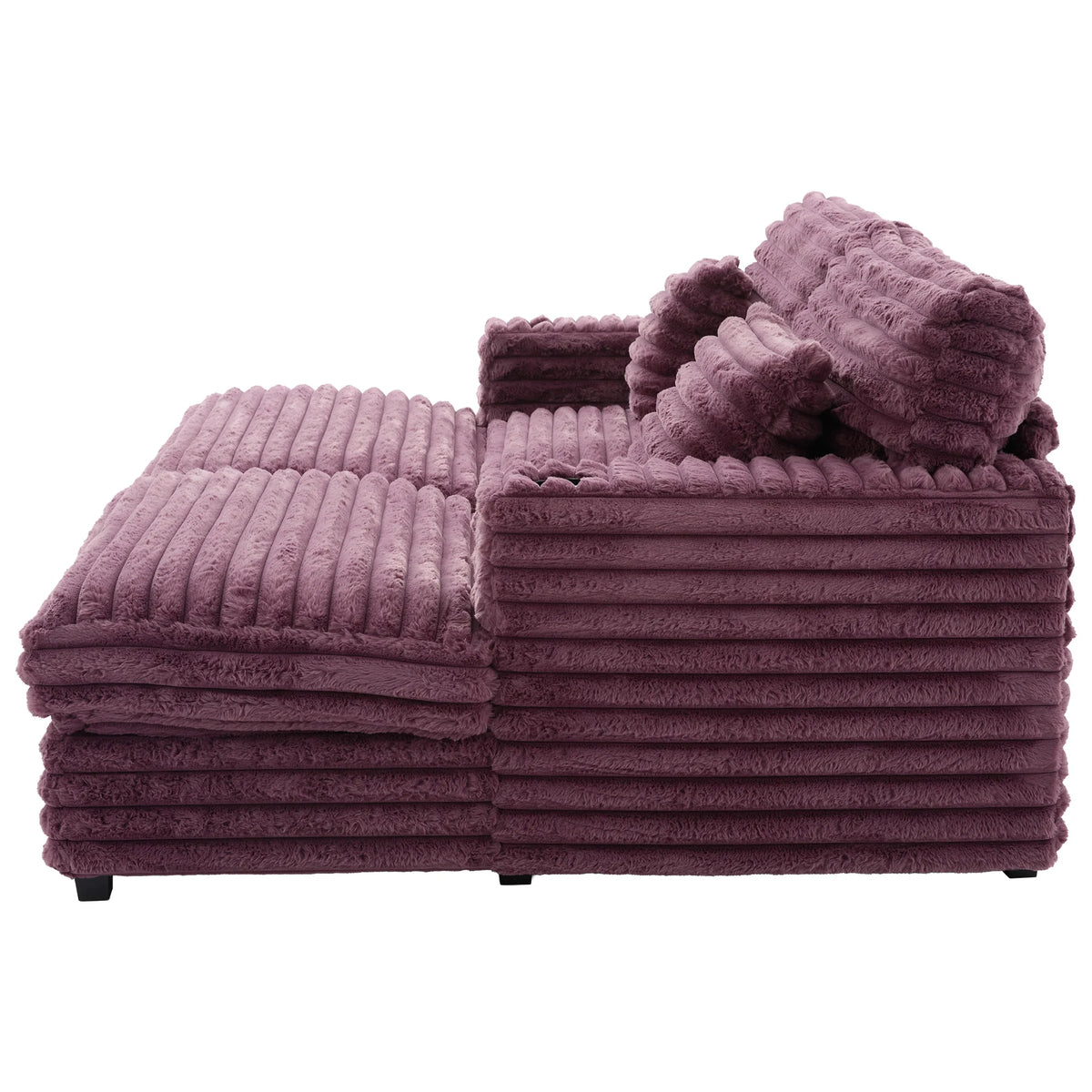 Oversized Double Chaise Lounge, Faux Fur Upholstered Deep Seat Sofa with 2 Pillows, 2 Cupholders, and Dual USB Ports