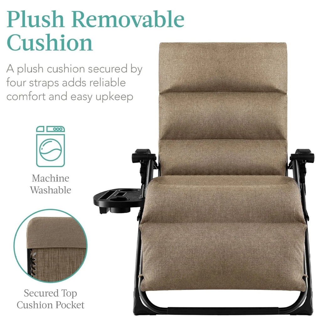 Oversized Chair, Folding Outdoor Patio Recliner, XL Anti Gravity Lounger W/Removable Cushion, Cup Holder, Side Tray, 350 lb Capacity - Taupe