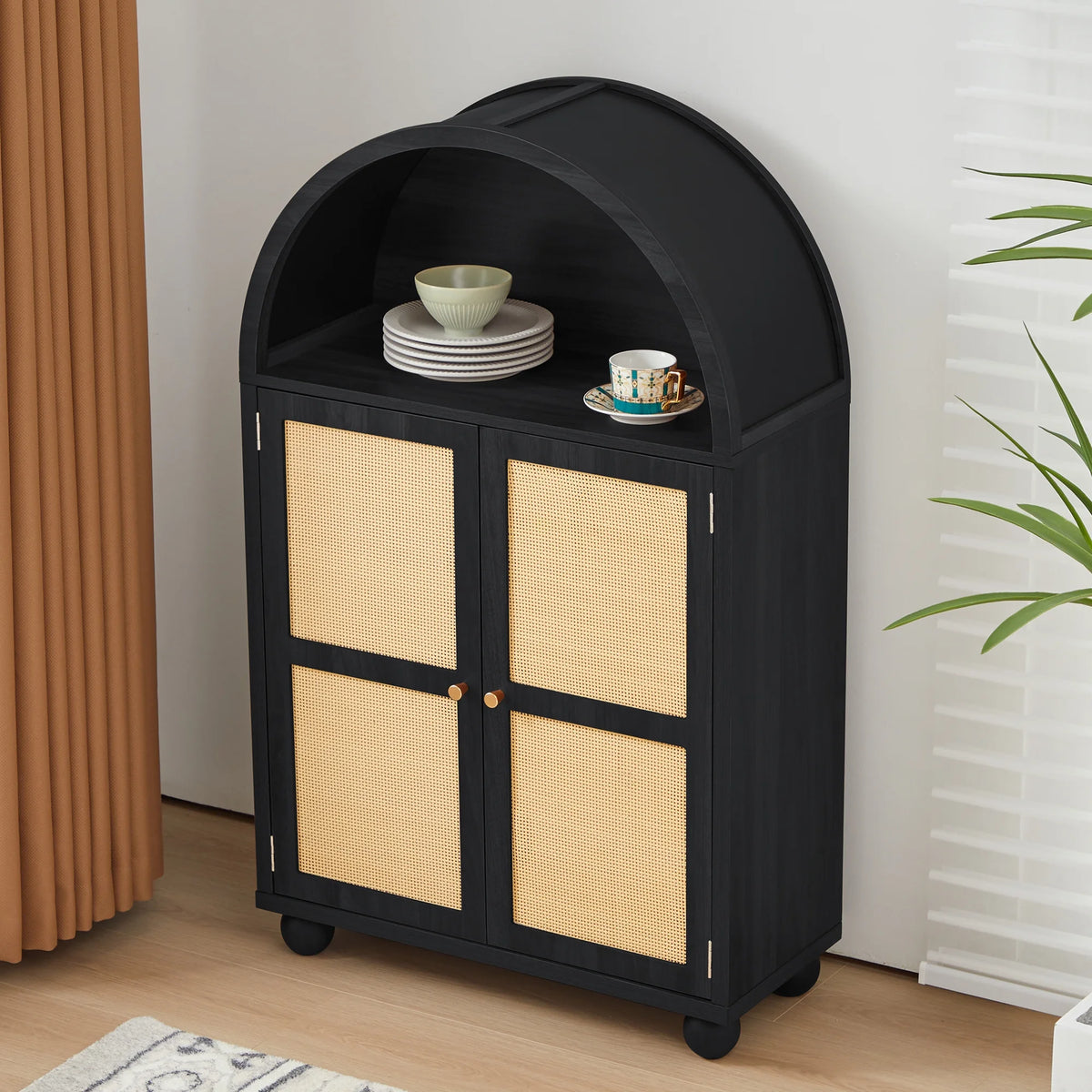 Wirrytor Arched Kitchen Storage Cabinet, Sideboard Buffet Cabinet with 2 - Tier and 2 Doors, Black Sideboard, Kitchen Pantry Cabinet, Wooden Storage Cabinet for Living Room