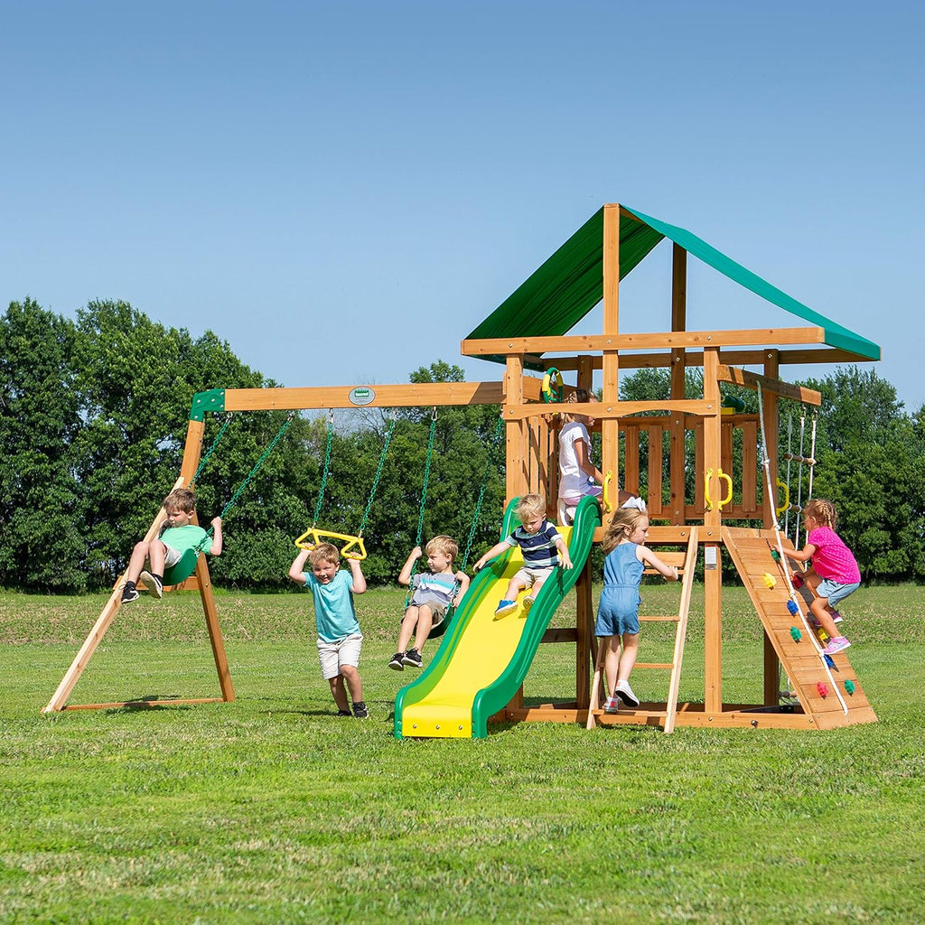 Mount Mckinley Cedar Wood Swing Set with Wave Slide, Play Deck, Double Rock Wall, Rope Ladder, Web Swing, Belt Swings, Toy Telescope,…