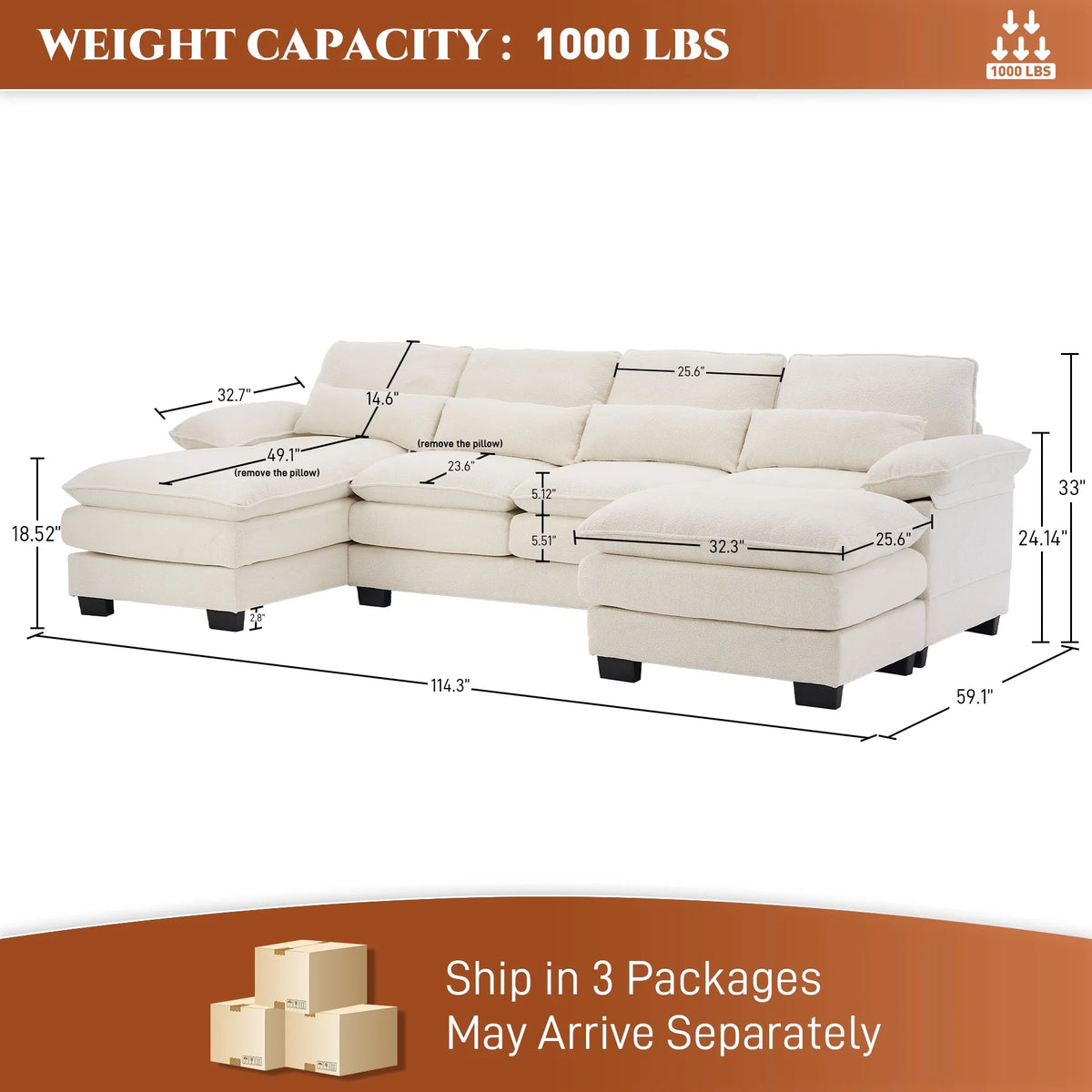 Rophefx 114.3" U Shaped Sectional Couches for Living Room, Cloud Couch, 4 Seats Chenille Couch with Double Layer Cushion, Orange
