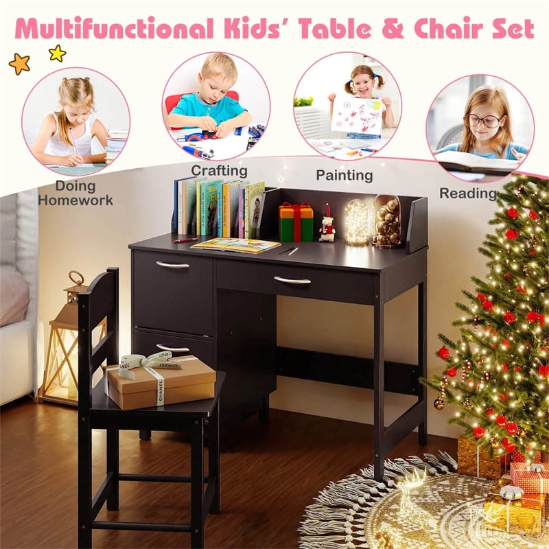 Wooden Kids Desk and Chair Set with Hutch, Storage Drawer & Cabinet, Children School Study Table Writing Computer Workstation for Ages 3-8