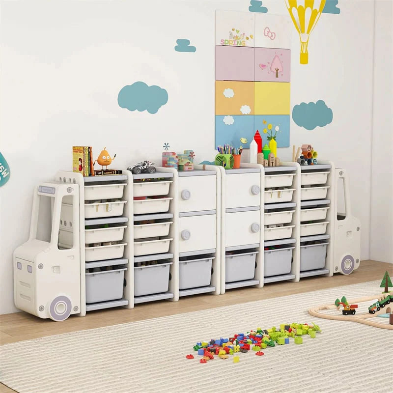 Truck-Shaped Kids Toy Storage Organizer with 11 Removable Bins, 2 Cabinets & Top Shelf, Toddler Bookshelf for Playroom & Kids Room