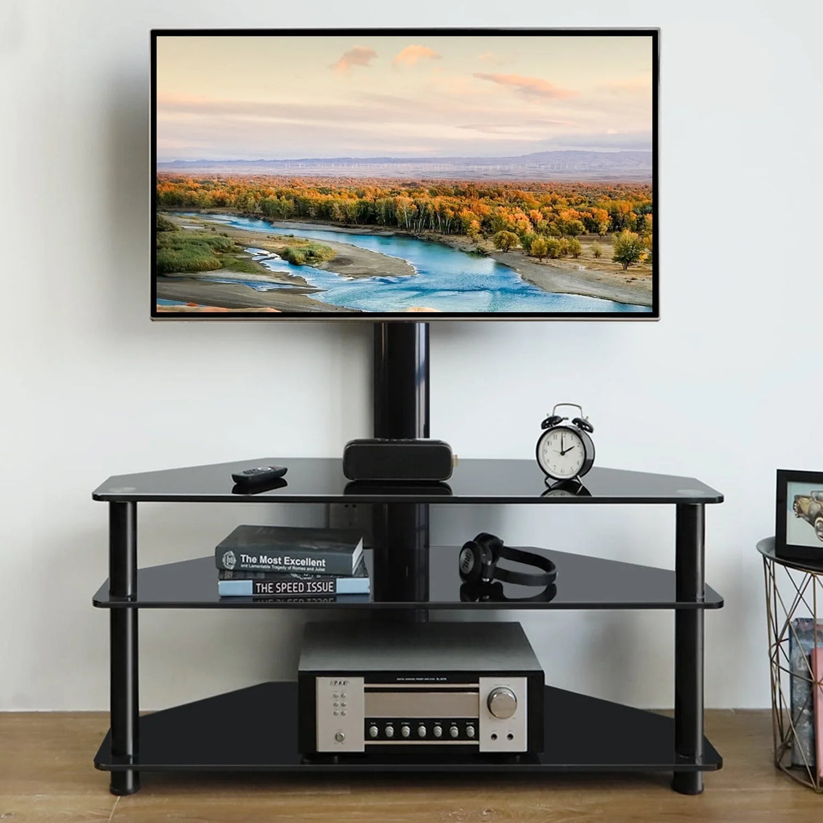 RTVR Modern 3 in 1 TV Stand with Mount for Flat Screens up to 65 in, Black Glass Corner TV Stand for Bedroom