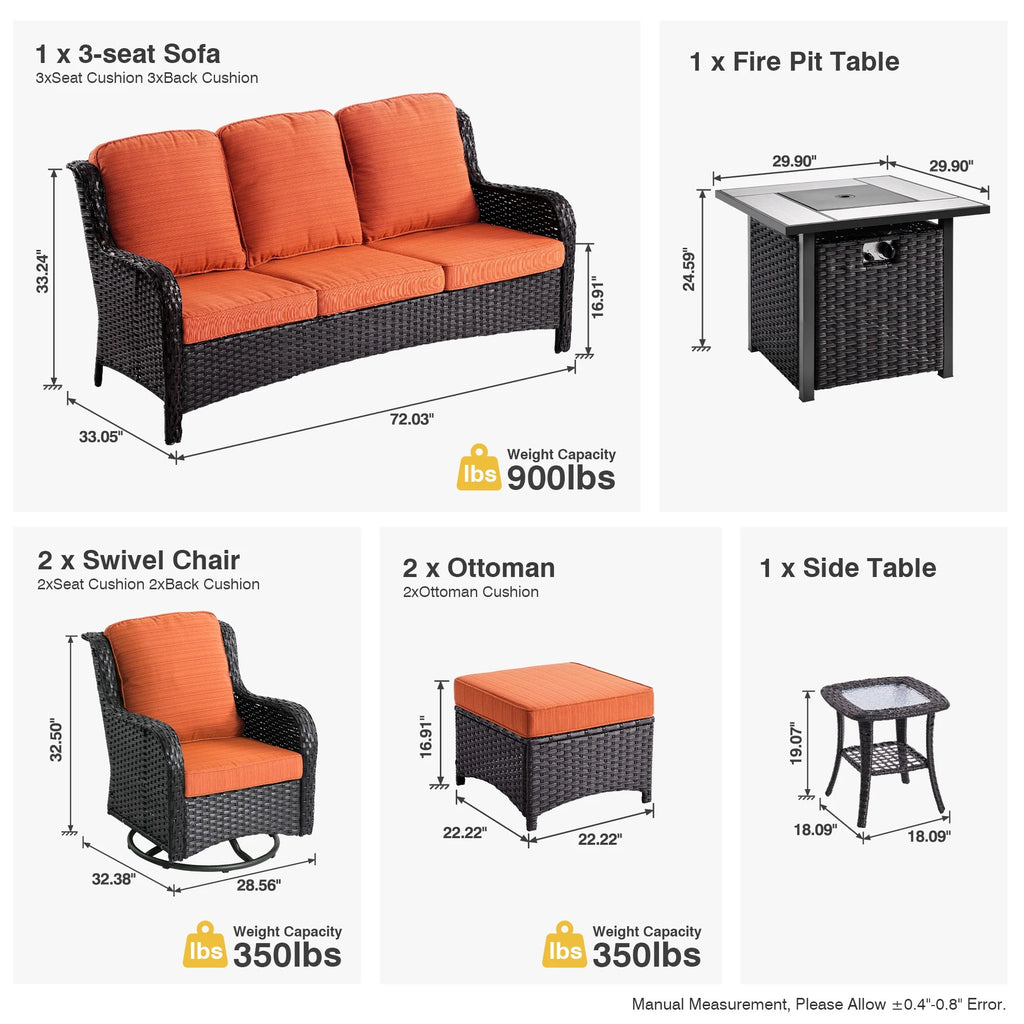 Ovios 7 Piece Wicker Outdoor Patio Dining Set with Fire Pit Table, Grey