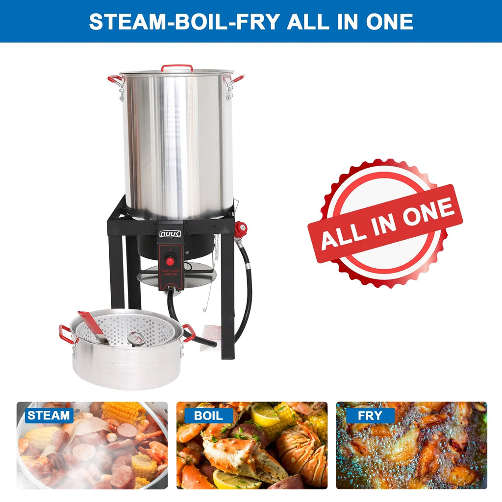 NUUK 30QT Turkey Fryer & 10QT Fish Fryers Outdoor Cooking Kit, 50, 000 BTU Propane Burnerseafood Boil Pot, Cover & Skimmer Included, Aluminum Deep Fryer Pot with Basket Crab, Gifts for Thanksgiving Day