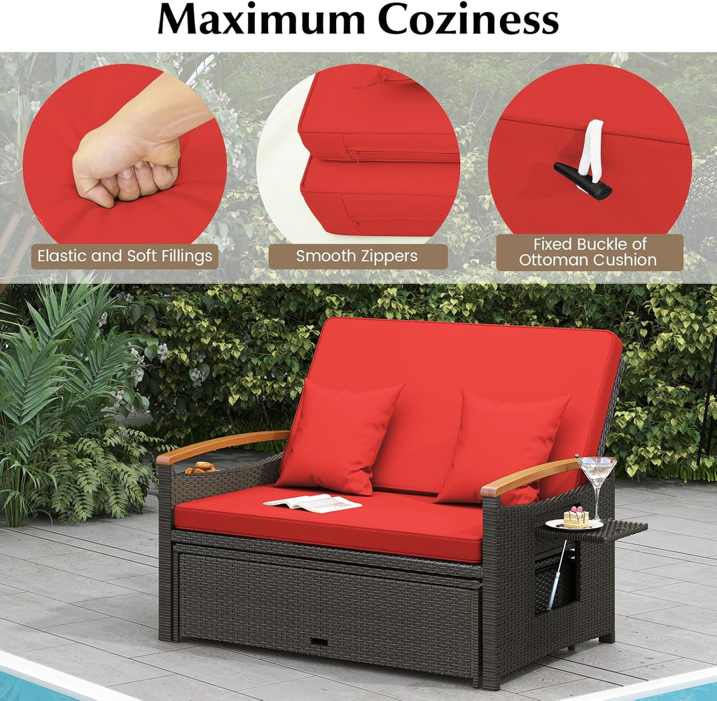 Outdoor Wicker Sofa Daybed with Adjustable Backrest and Storage Ottoman