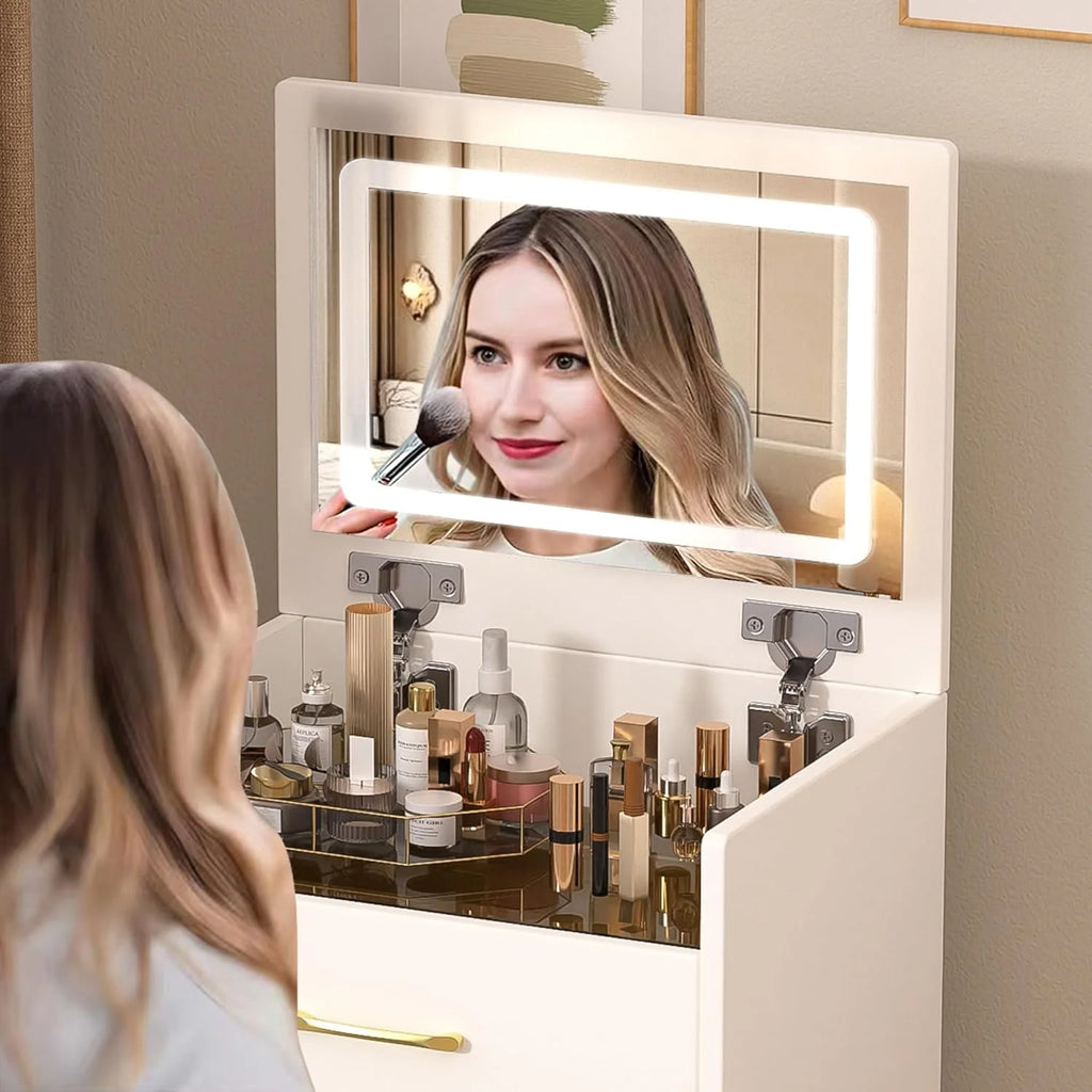 Montary Modern Mini Vanity W/Adjustable LED Mirror + Hidden Storage, Padded Stool & Dustproof Shelves (White)