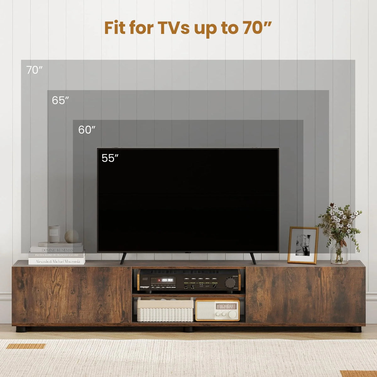 Tangkula Modern TV Stand 63”L Minimalist Entertainment Center w/ 2 Doors & Open Shelves