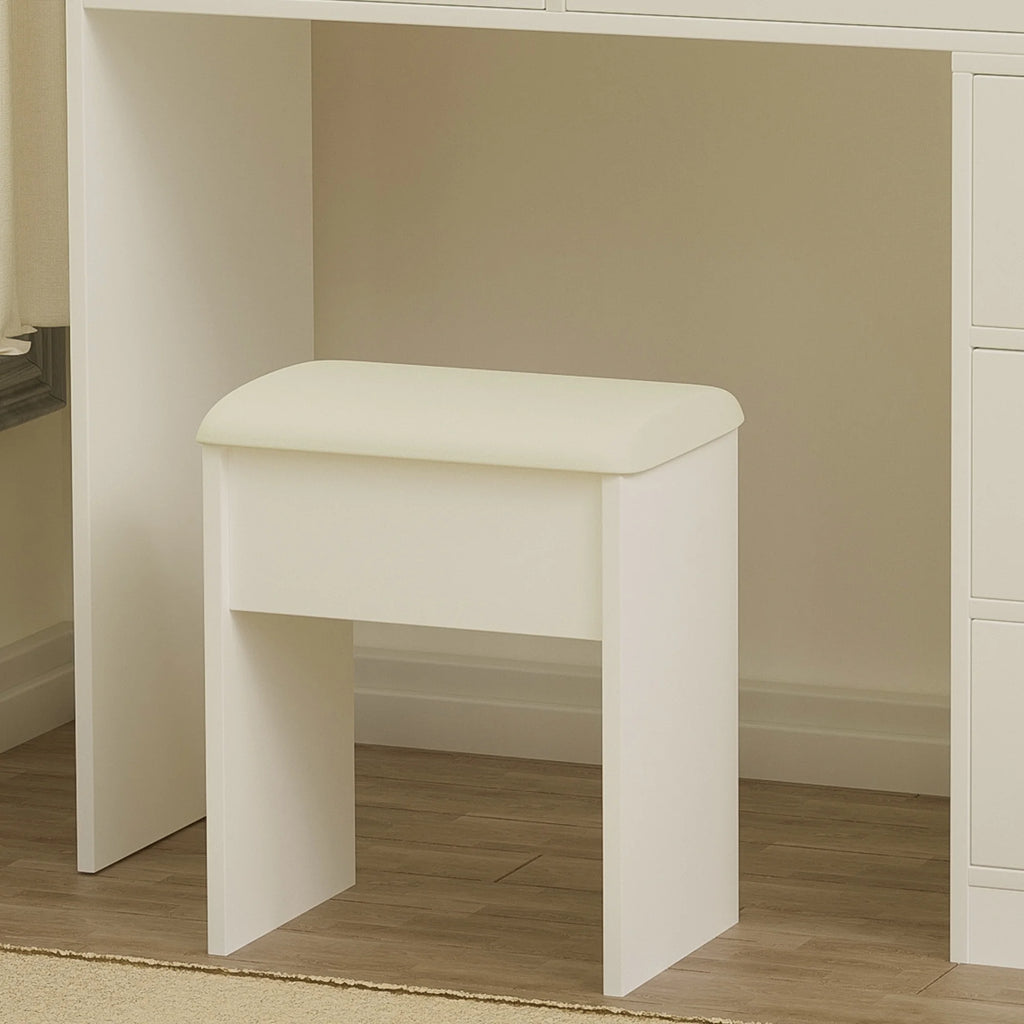 Montary Modern Mini Vanity W/Adjustable LED Mirror + Hidden Storage, Padded Stool & Dustproof Shelves (White)