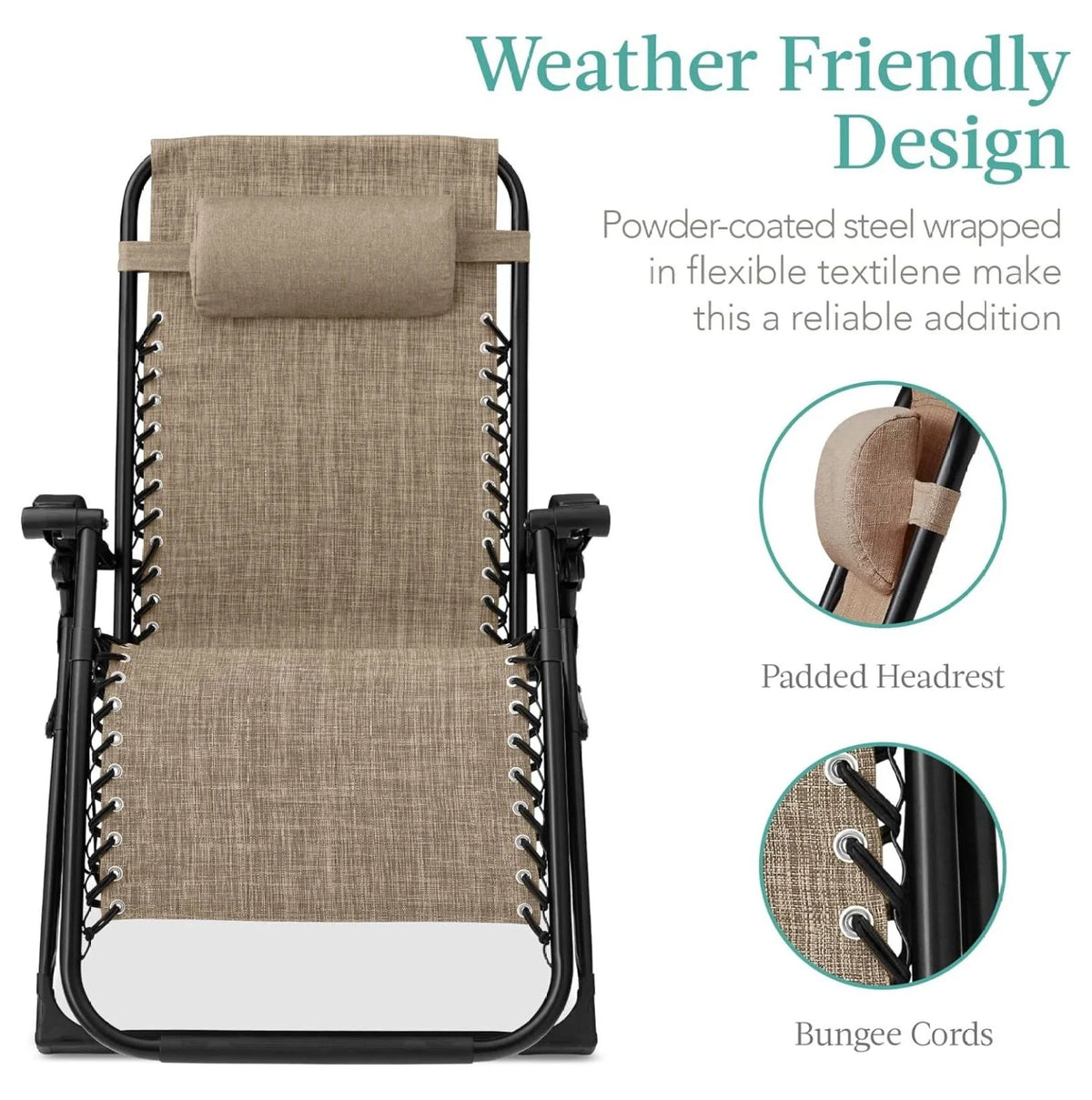 Oversized Chair, Folding Outdoor Patio Recliner, XL Anti Gravity Lounger W/Removable Cushion, Cup Holder, Side Tray, 350 lb Capacity - Taupe